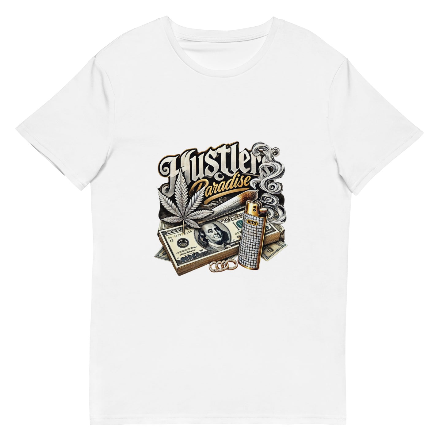 "Hustler's Paradise 420 graphic design with cash, weed leaf, smoke, and diamond lighter on black"

