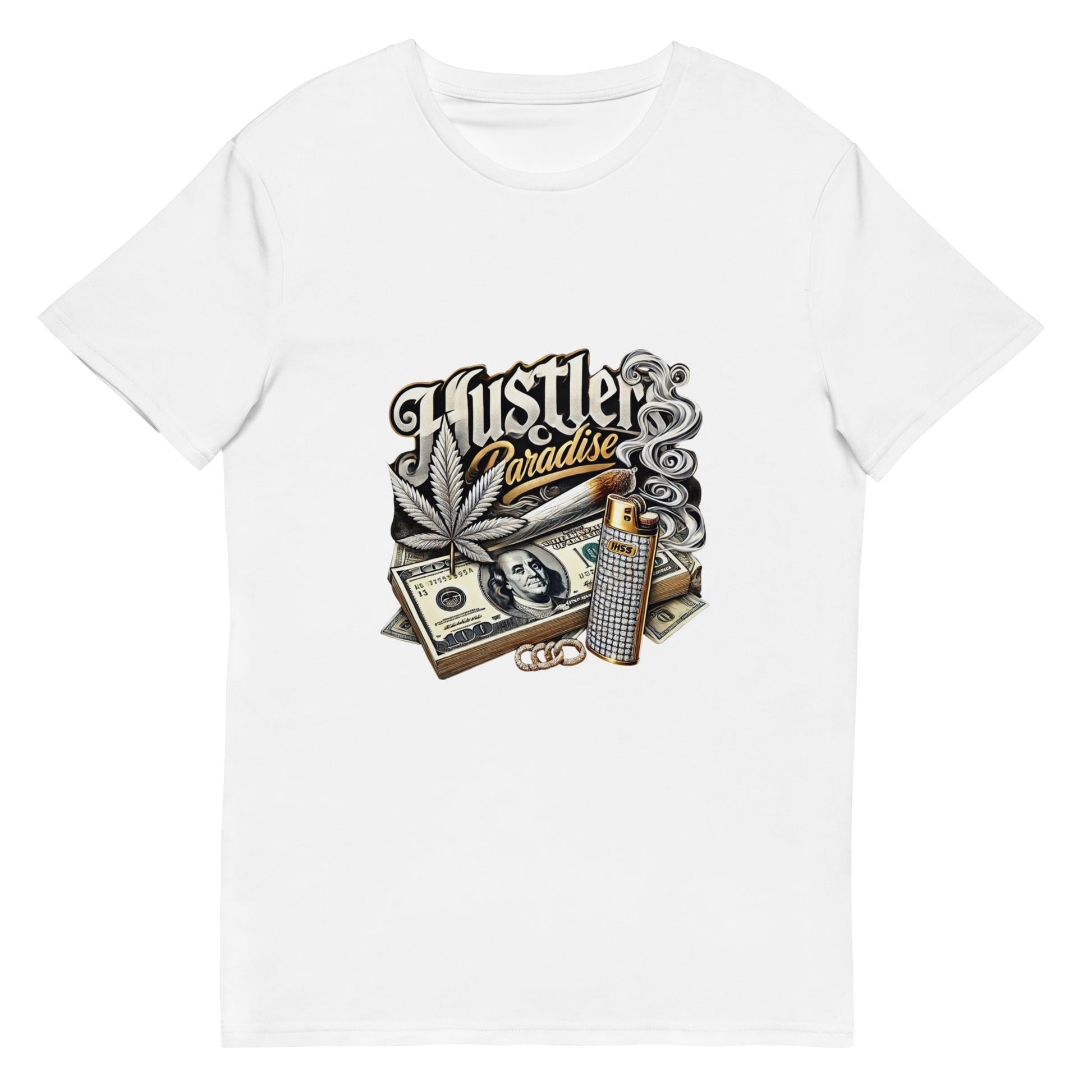 "Hustler's Paradise 420 graphic design with cash, weed leaf, smoke, and diamond lighter on black"

