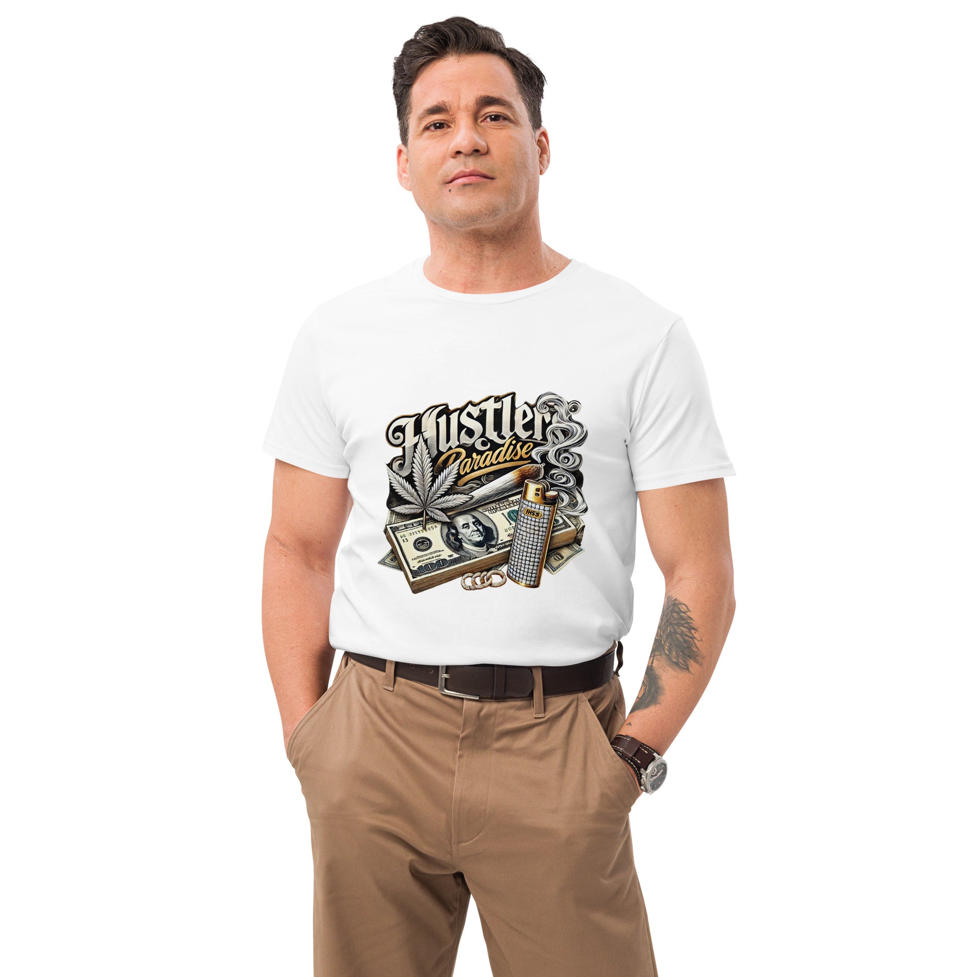 "Hustler's Paradise 420 graphic design with cash, weed leaf, smoke, and diamond lighter on black"

