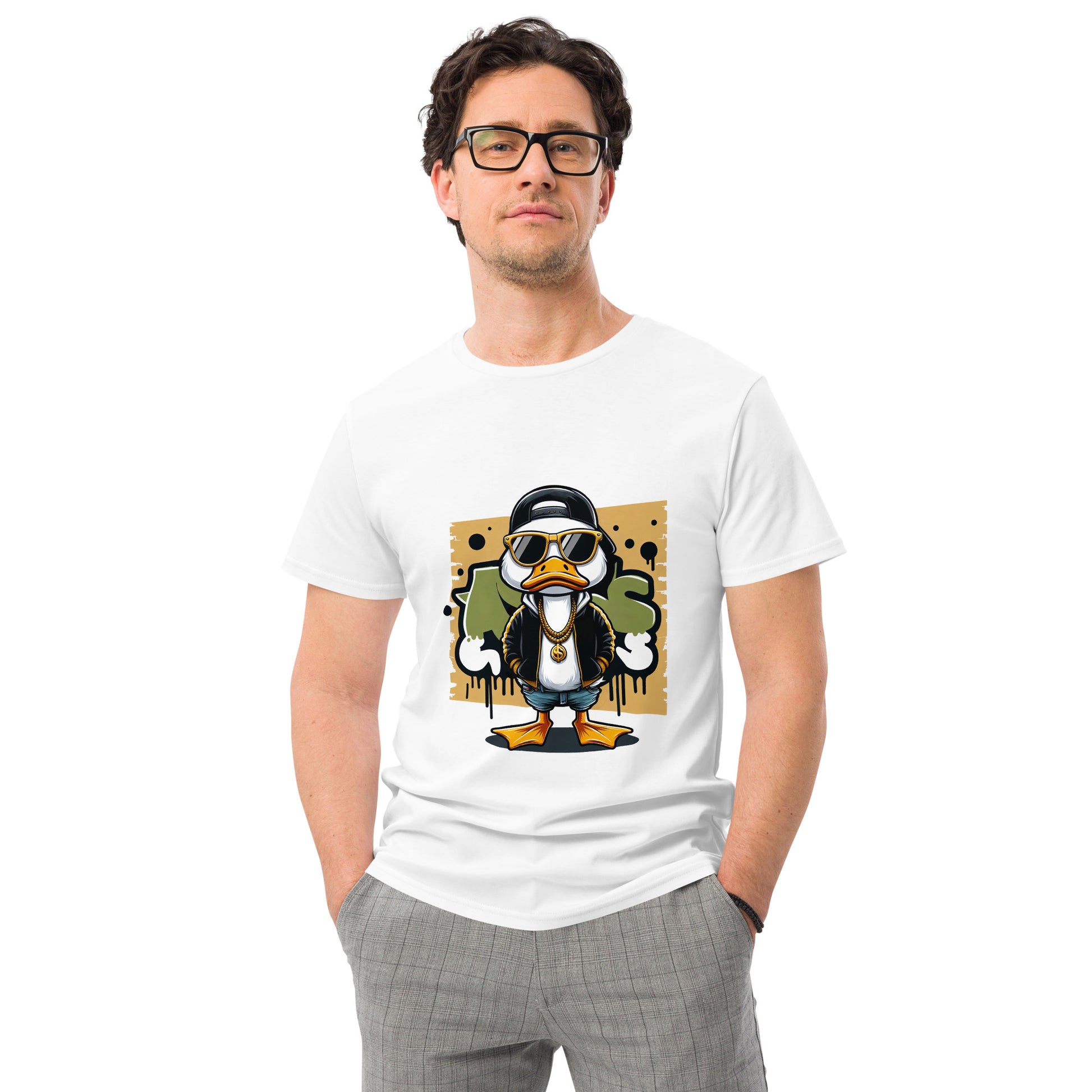 Cool cartoon duck in black jacket and sunglasses with graffiti background.

