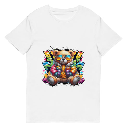 Cartoon bear with colourful jacket and sunglasses in graffiti background.

