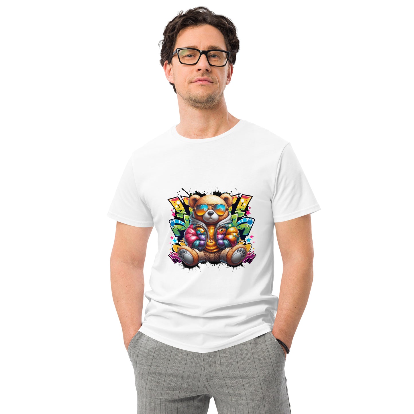 Cartoon bear with colourful jacket and sunglasses in graffiti background.

