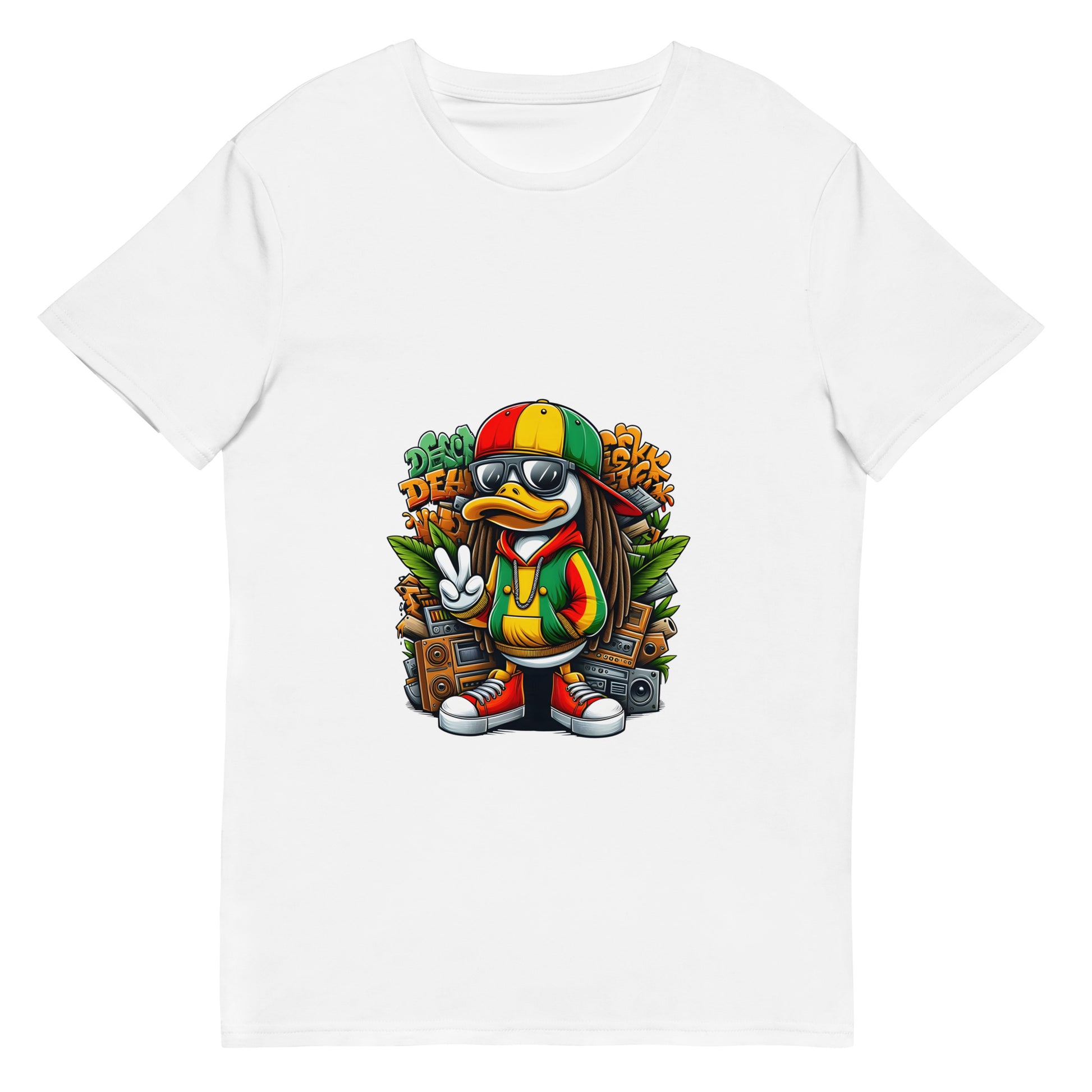 Cartoon reggae duck wearing rasta colours with boom box and peace sign

