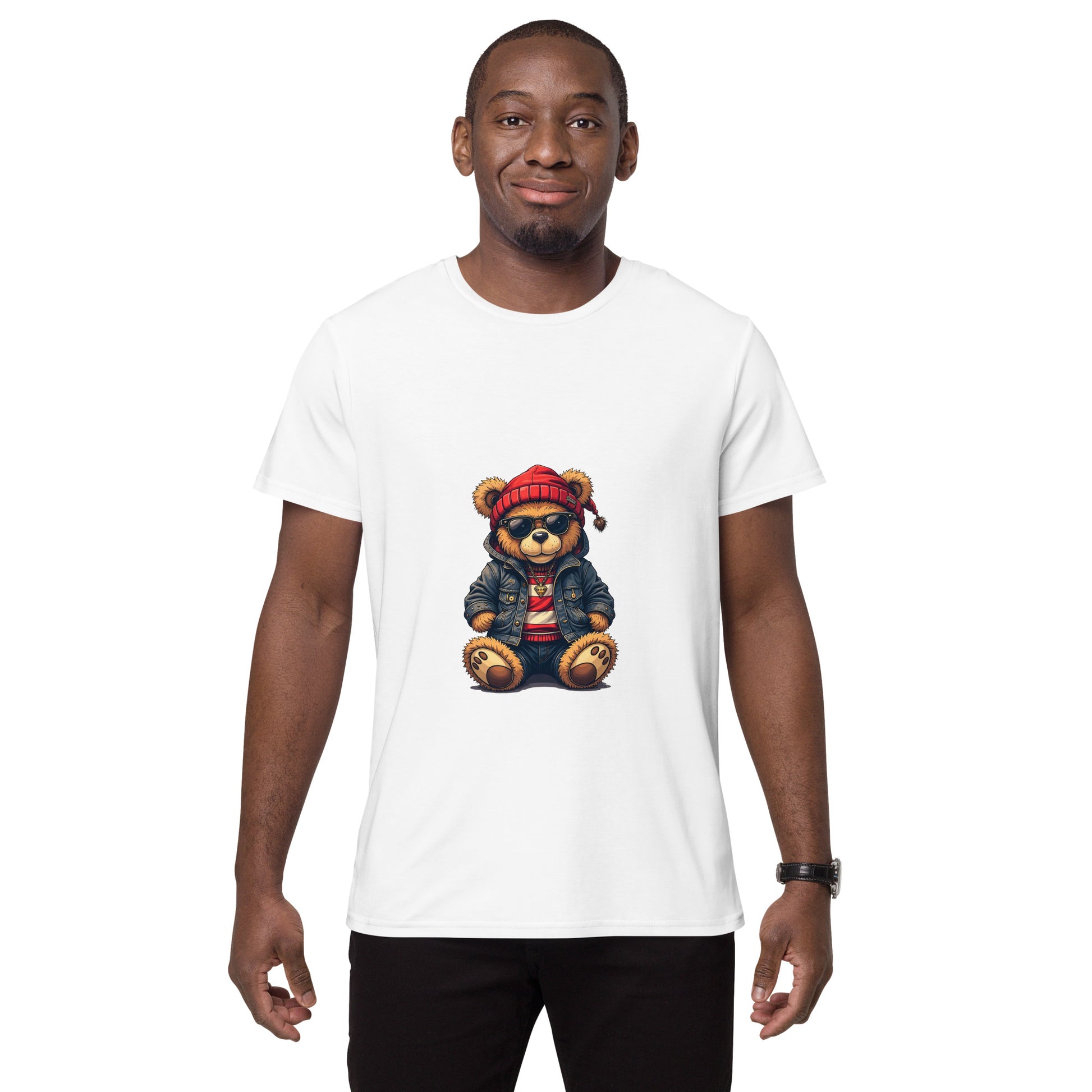Cartoon hipster bear wearing beanie and sunglasses winter streetwear graphic t-shirt

