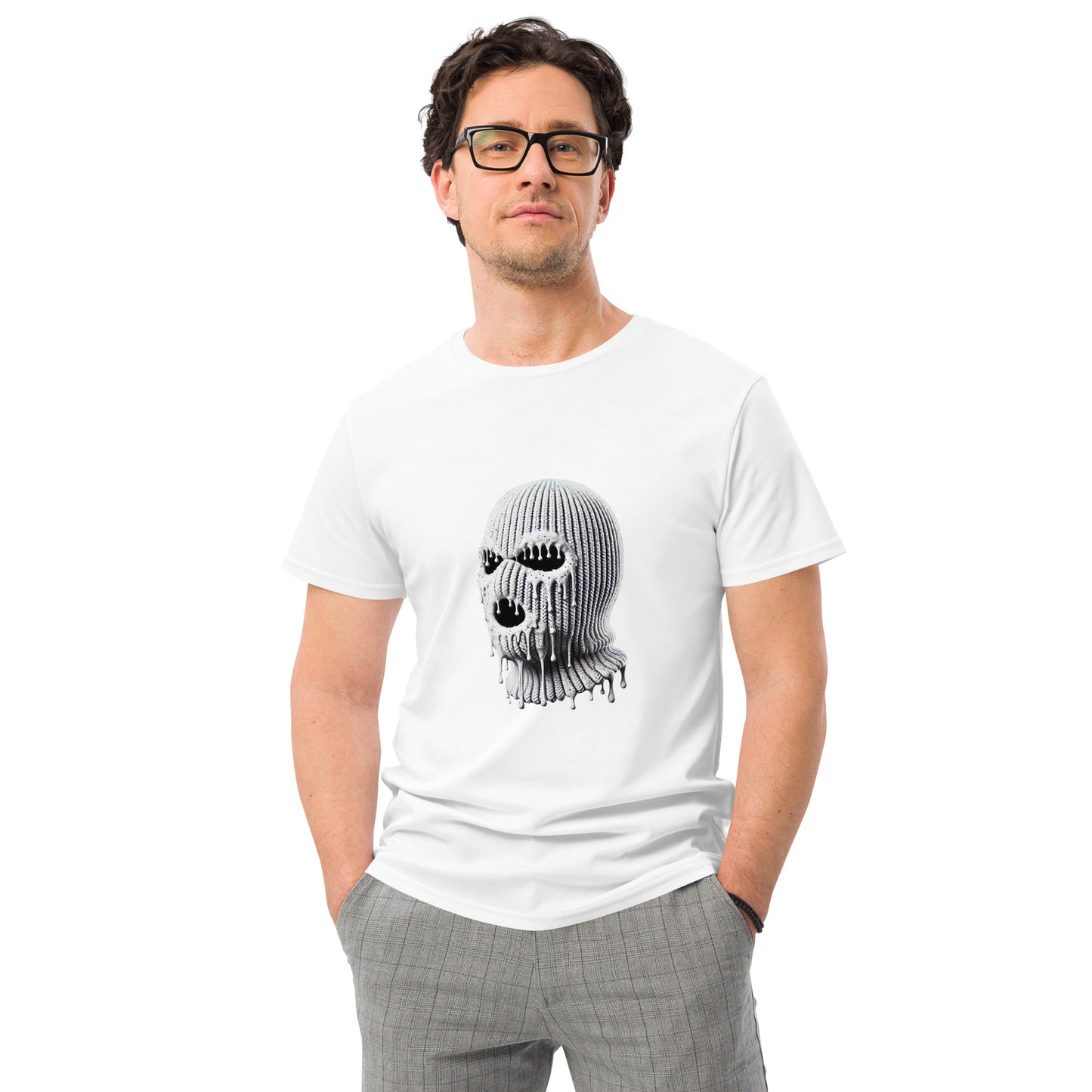 Melting ski mask skull graphic with edgy streetwear design
