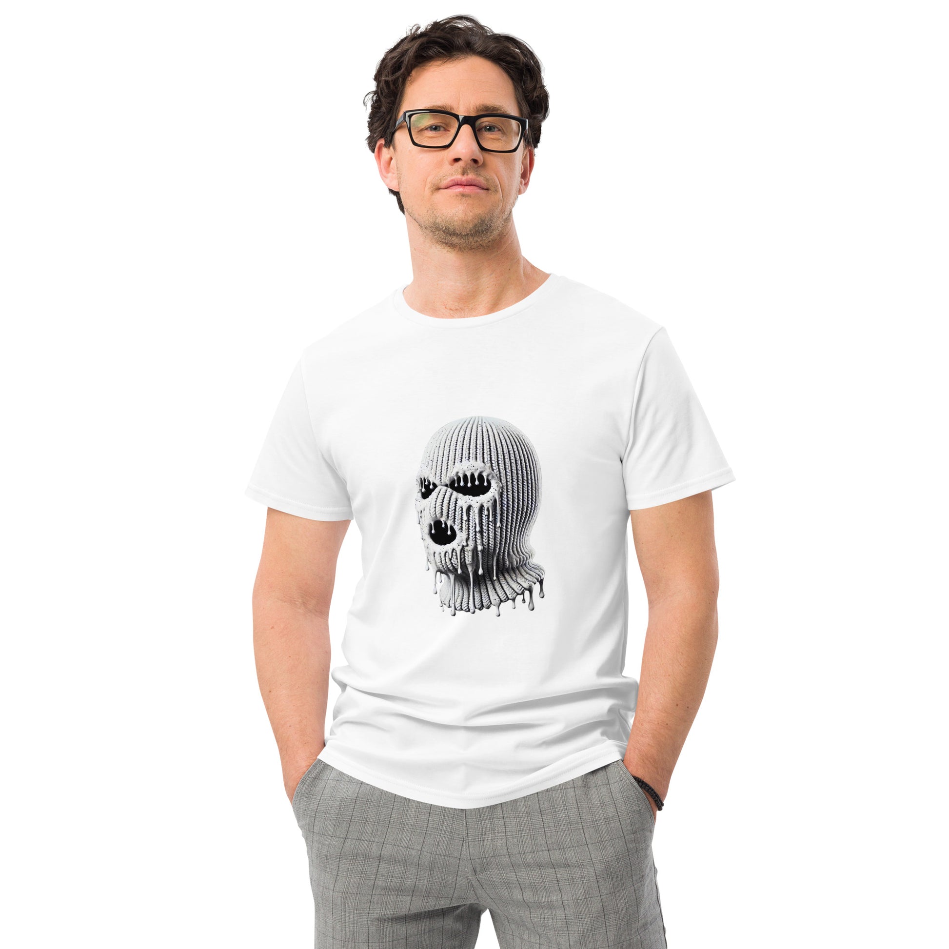 Melting ski mask skull graphic with edgy streetwear design
