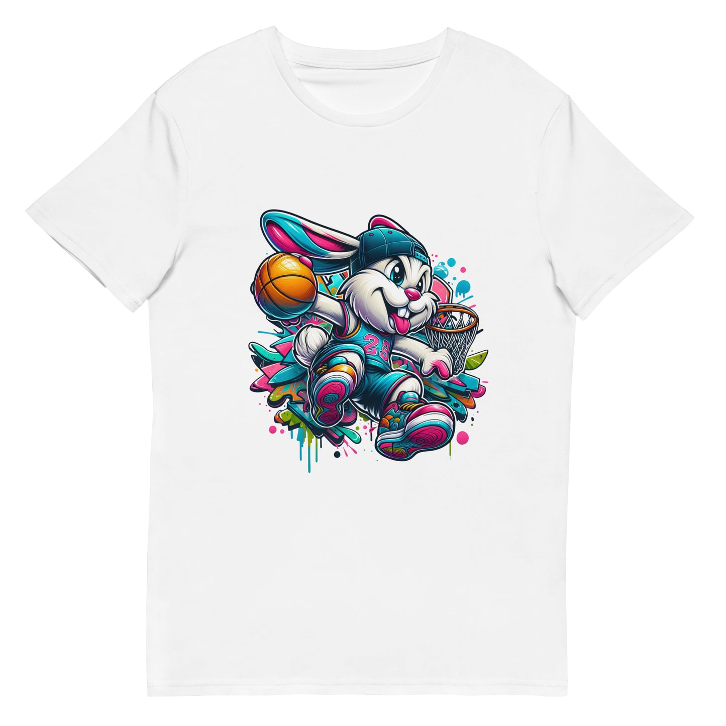 Cartoon graffiti basketball bunny wearing chains and cap – streetwear t-shirt design

