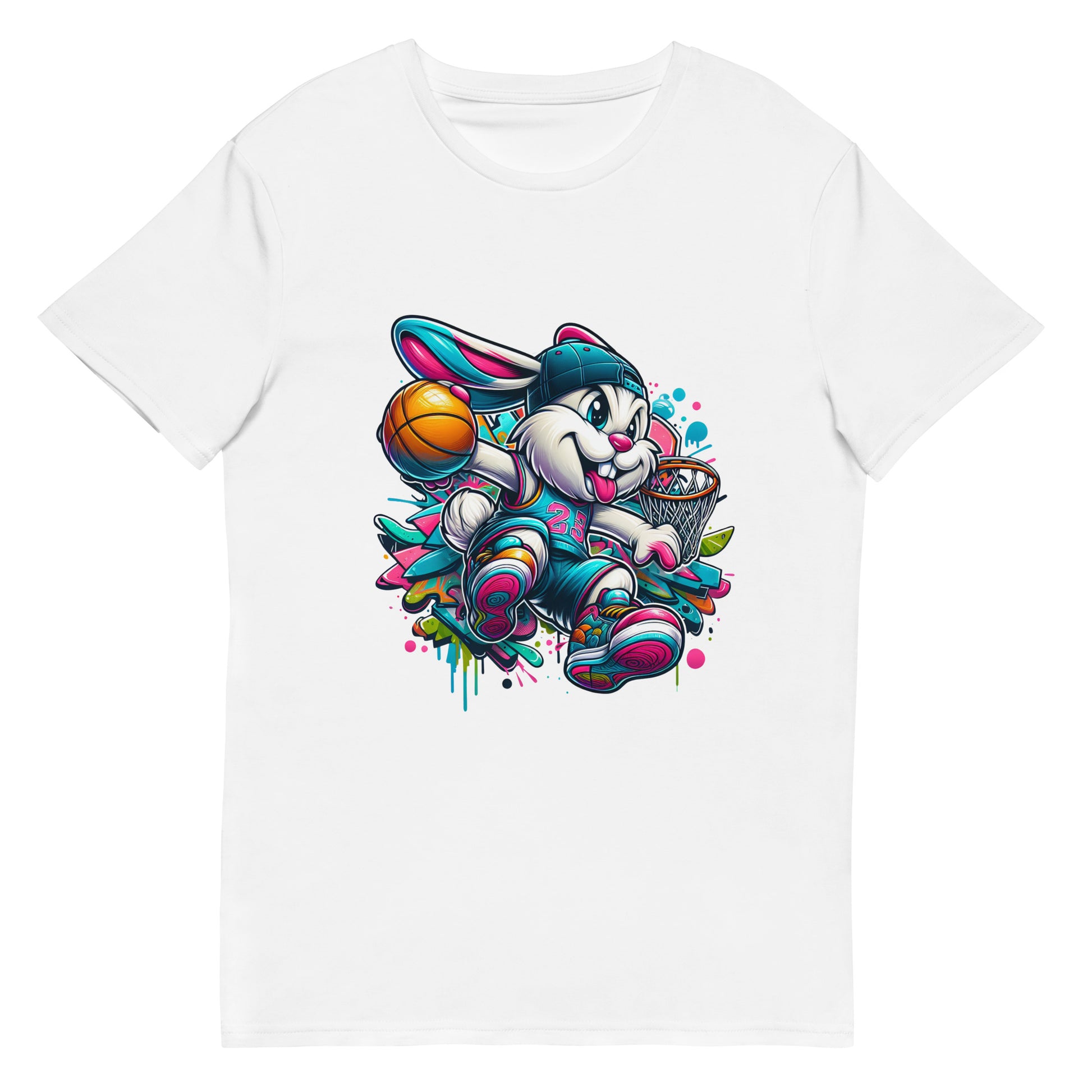 Cartoon graffiti basketball bunny wearing chains and cap – streetwear t-shirt design

