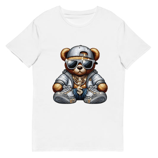 Gangster bear wearing grey streetwear outfit, gold chains, and sunglasses

