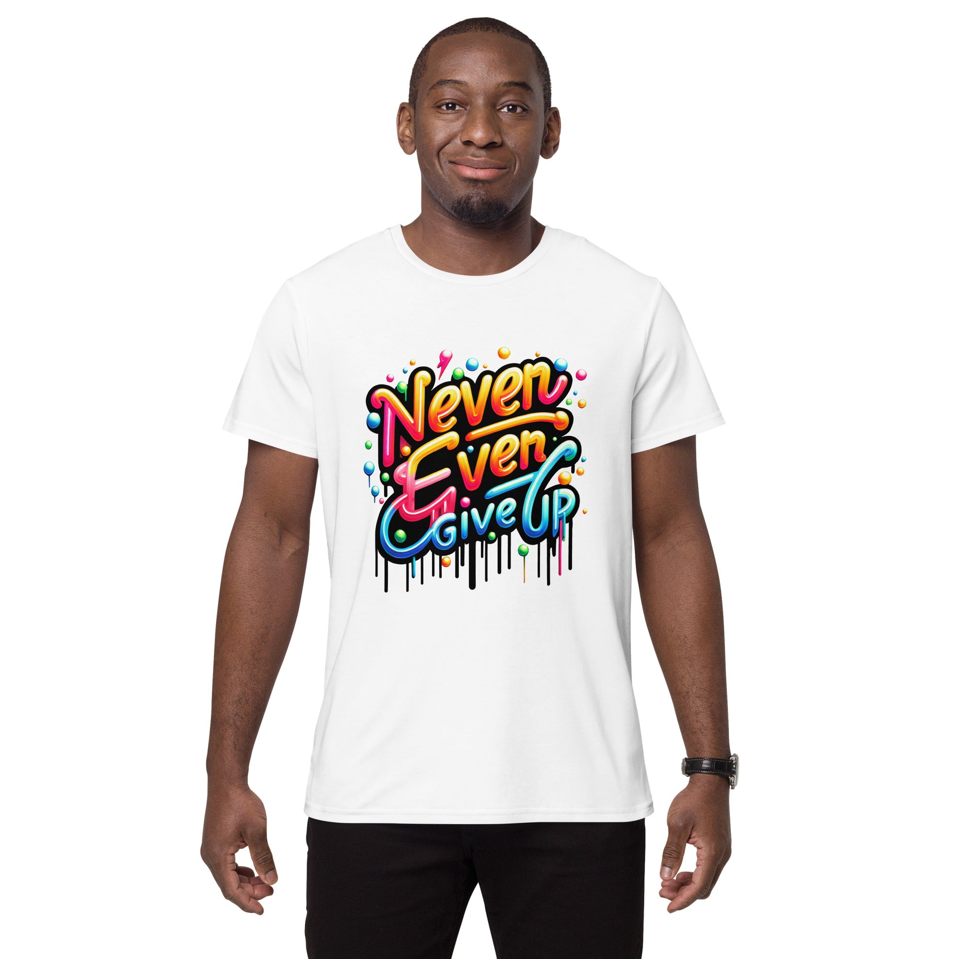 colourful graffiti text never ever give up motivational t-shirt streetwear style



