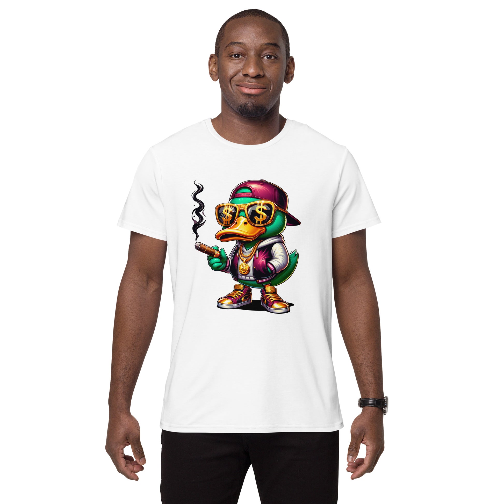 cartoon duck wearing gold chains dollar glasses smoking cigar graphic t-shirt

