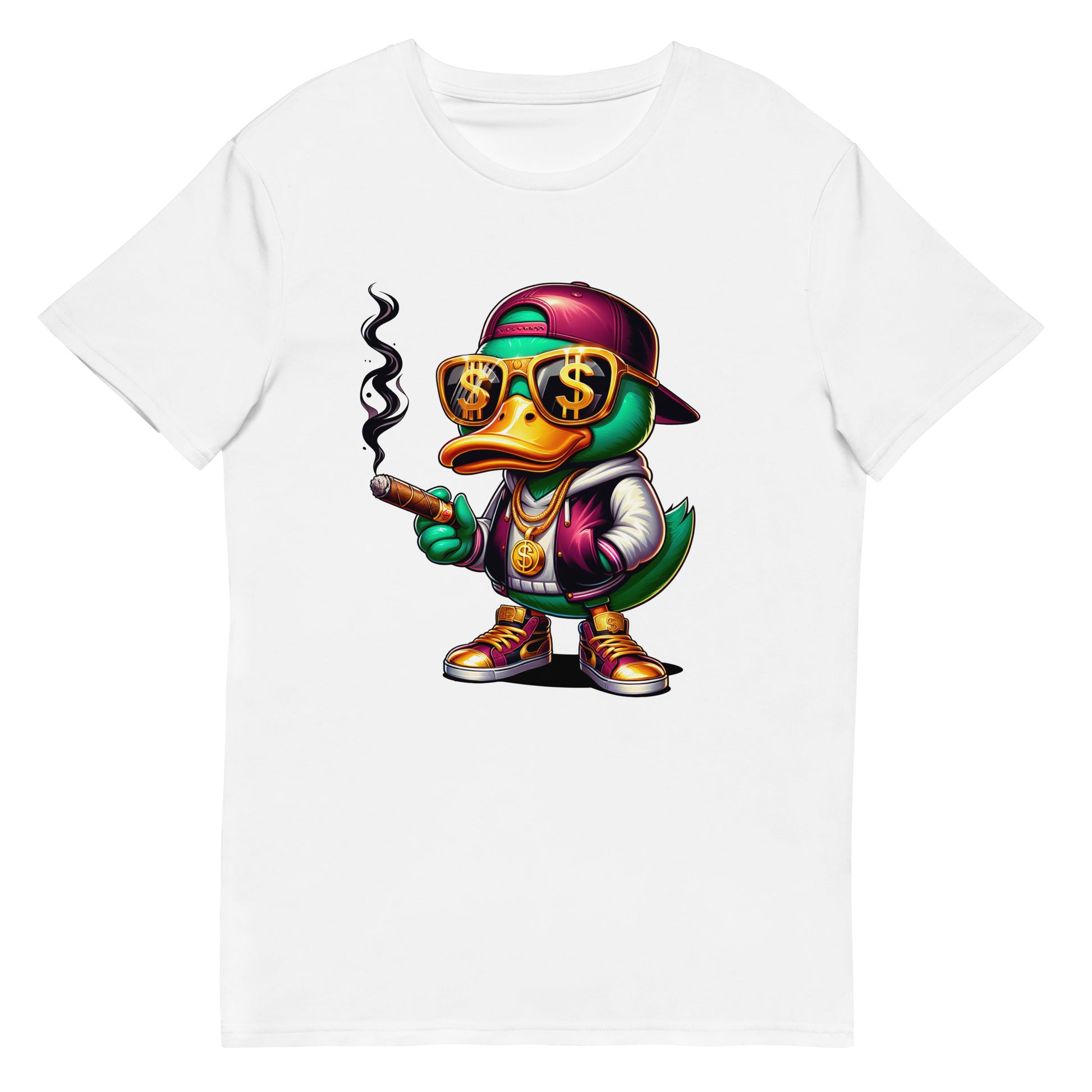 cartoon duck wearing gold chains dollar glasses smoking cigar graphic t-shirt

