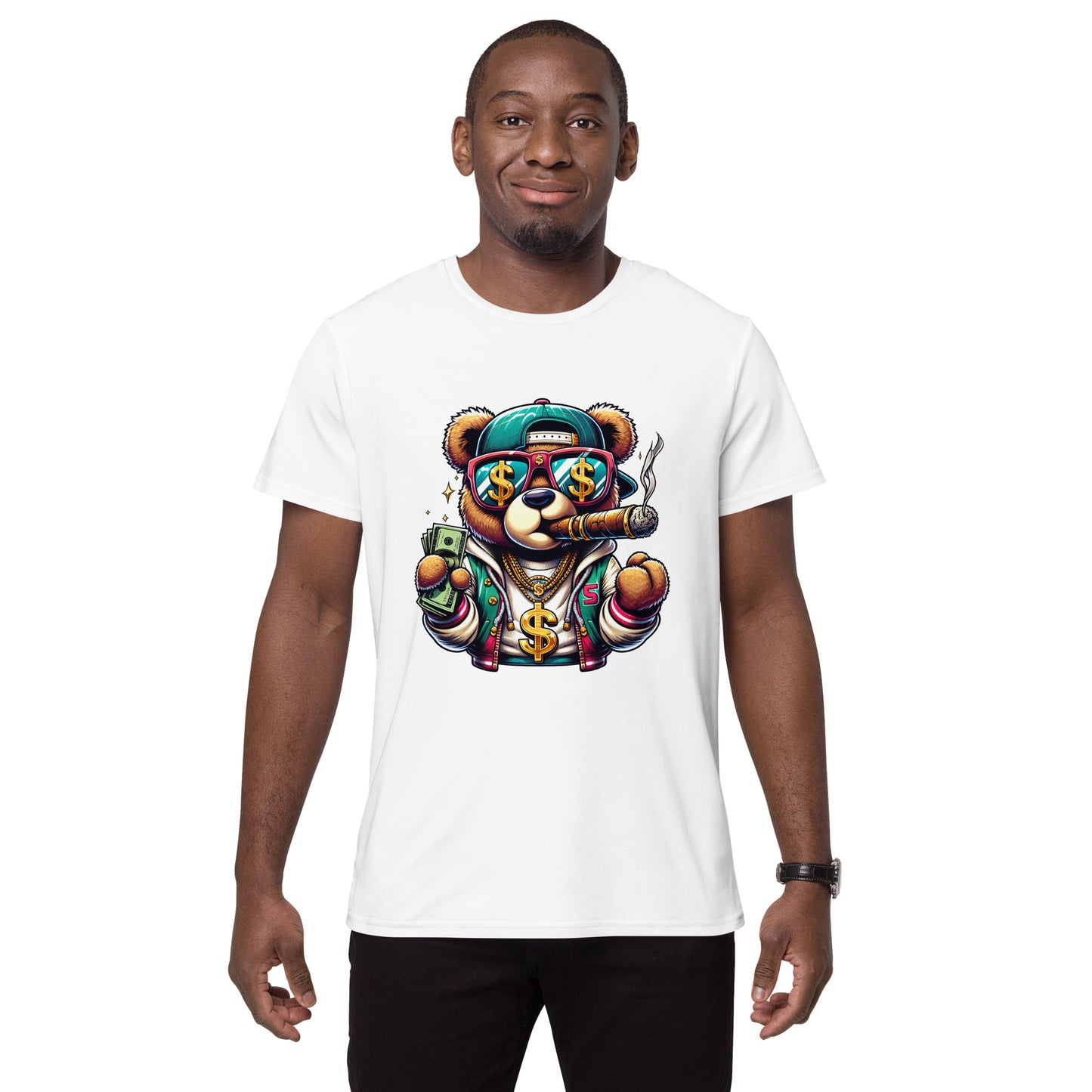 cartoon bear holding money wearing gold chains smoking cigar graphic t-shirt

