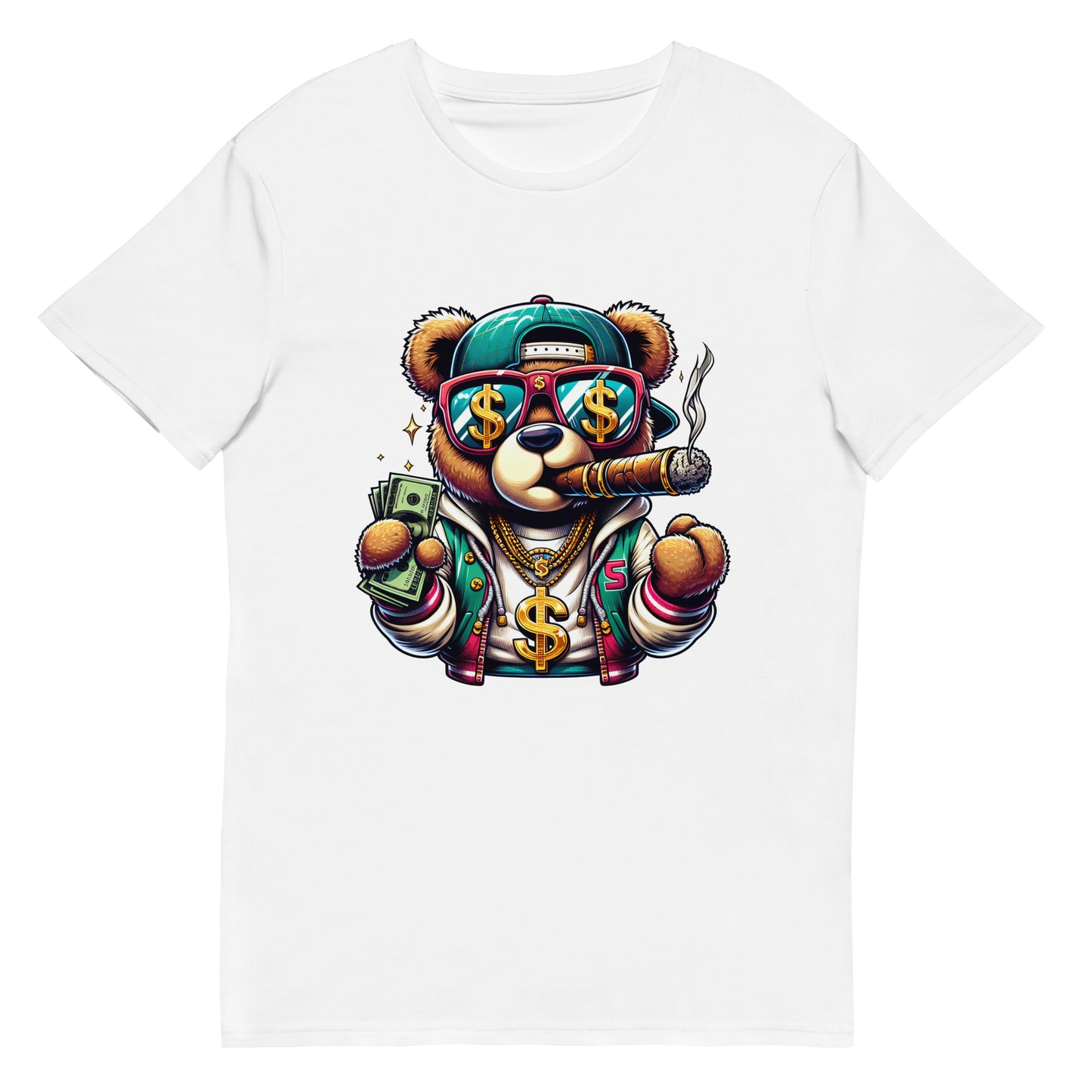 cartoon bear holding money wearing gold chains smoking cigar graphic t-shirt


