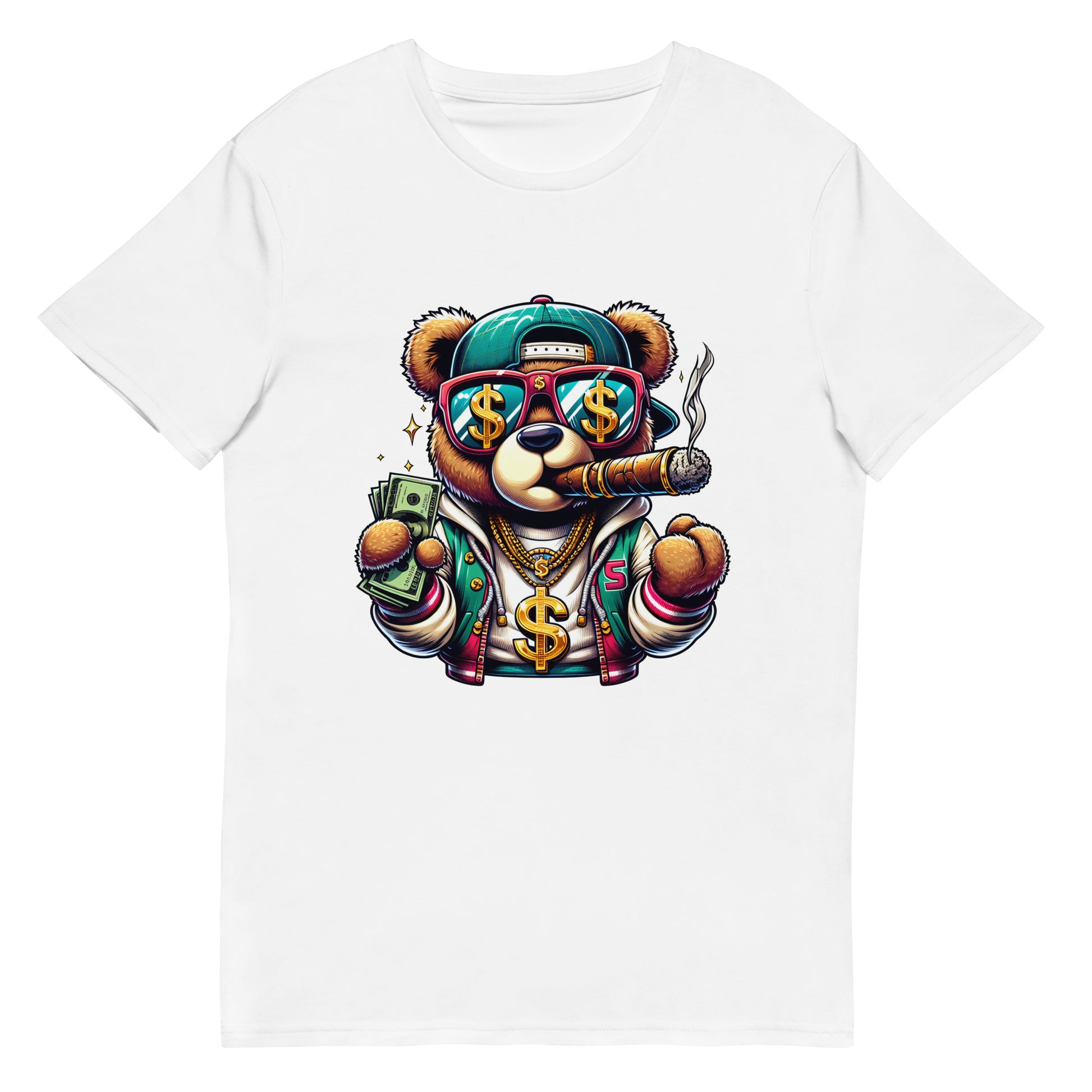 cartoon bear holding money wearing gold chains smoking cigar graphic t-shirt

