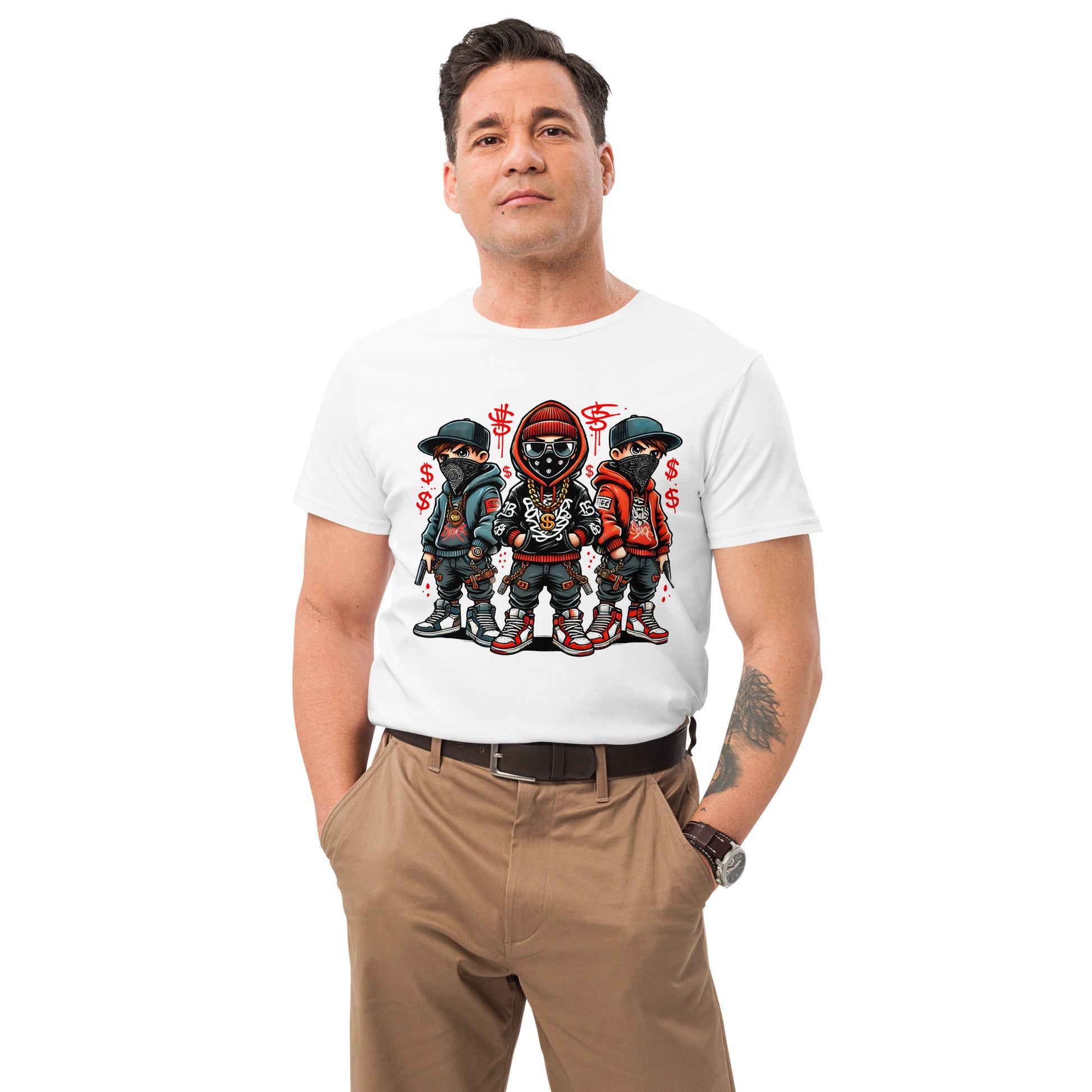 cartoon streetwear gangster trio t-shirt with graffiti money red black style

