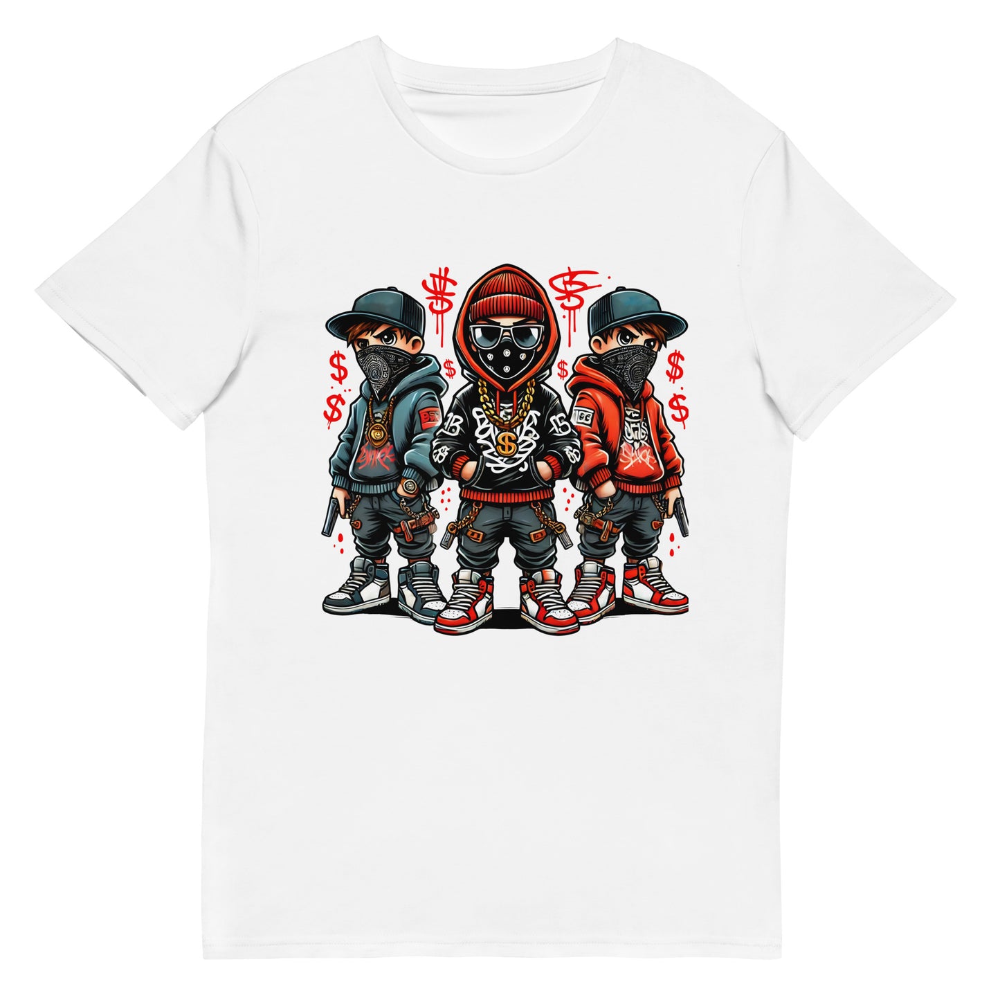 cartoon streetwear gangster trio t-shirt with graffiti money red black style

