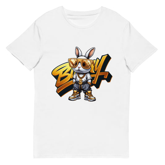 Cartoon bunny in gold sunglasses and chains, dressed in hip hop streetwear with gold shoes.

