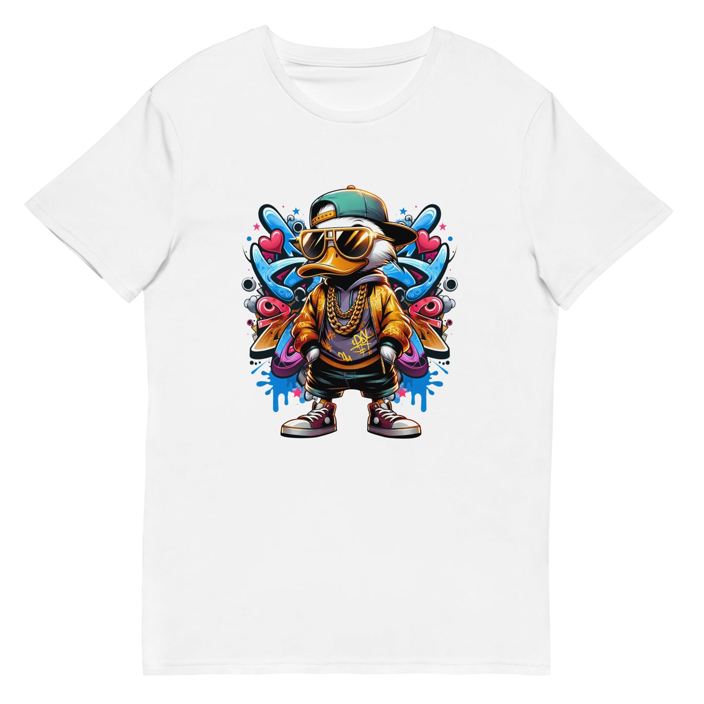 Graffiti-style duck wearing gold jacket, chains, and sunglasses on white t-shirt.


