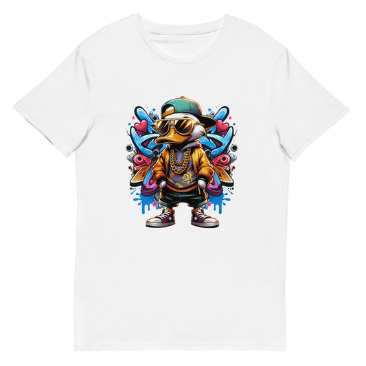 Graffiti-style duck wearing gold jacket, chains, and sunglasses on white t-shirt.

