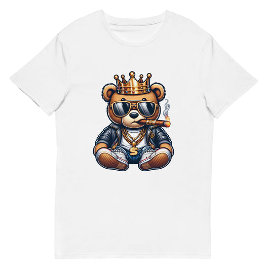 Gangsta teddy bear with crown, sunglasses, gold chains and cigar printed on white t-shirt.

