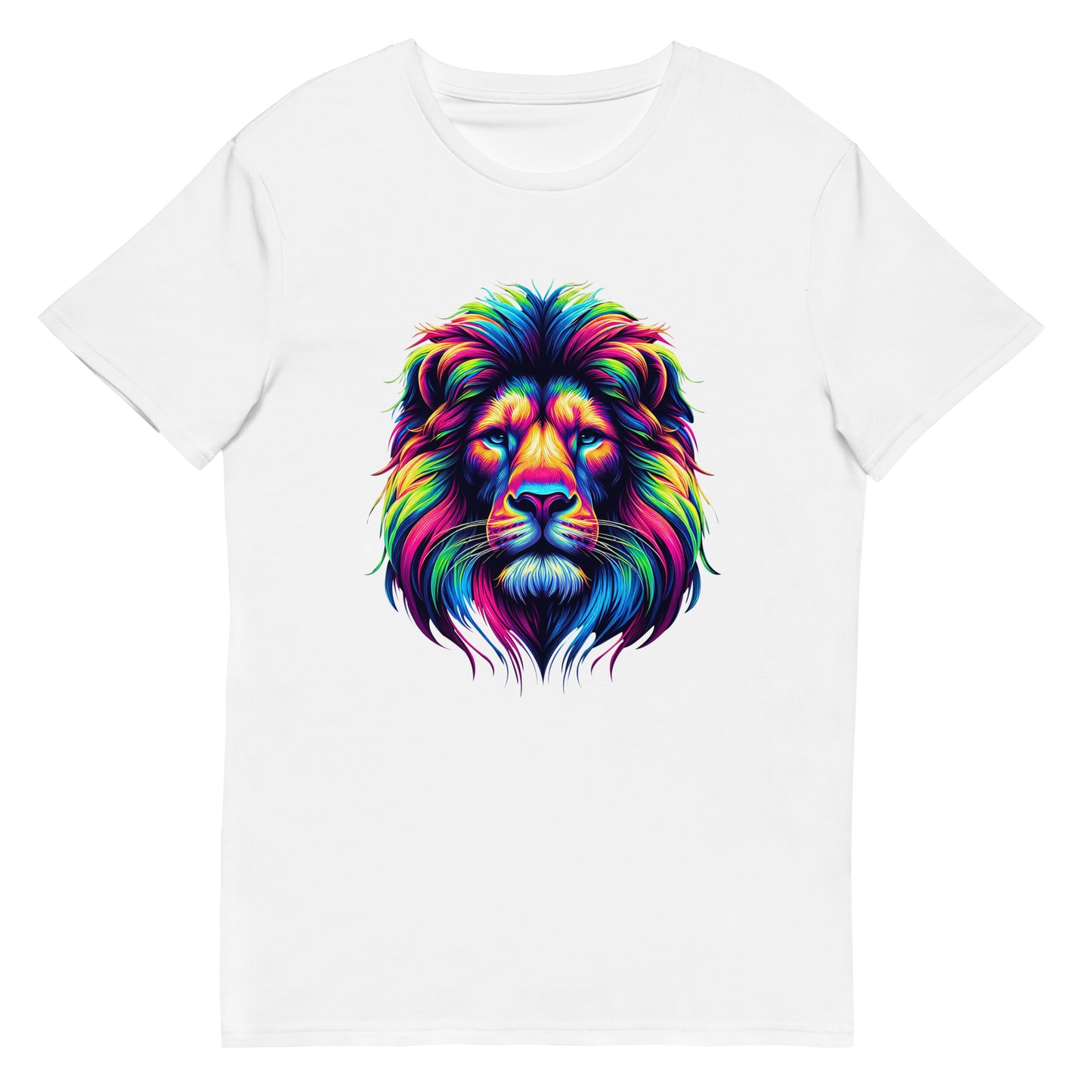 Colourful rainbow lion head graphic printed on a white t-shirt.

