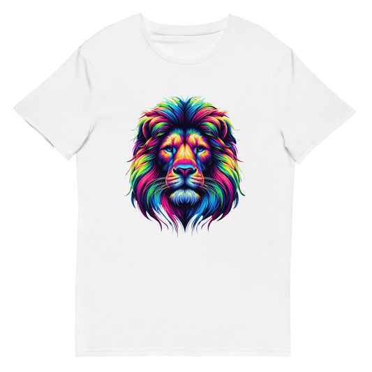 Colourful rainbow lion head graphic printed on a white t-shirt.

