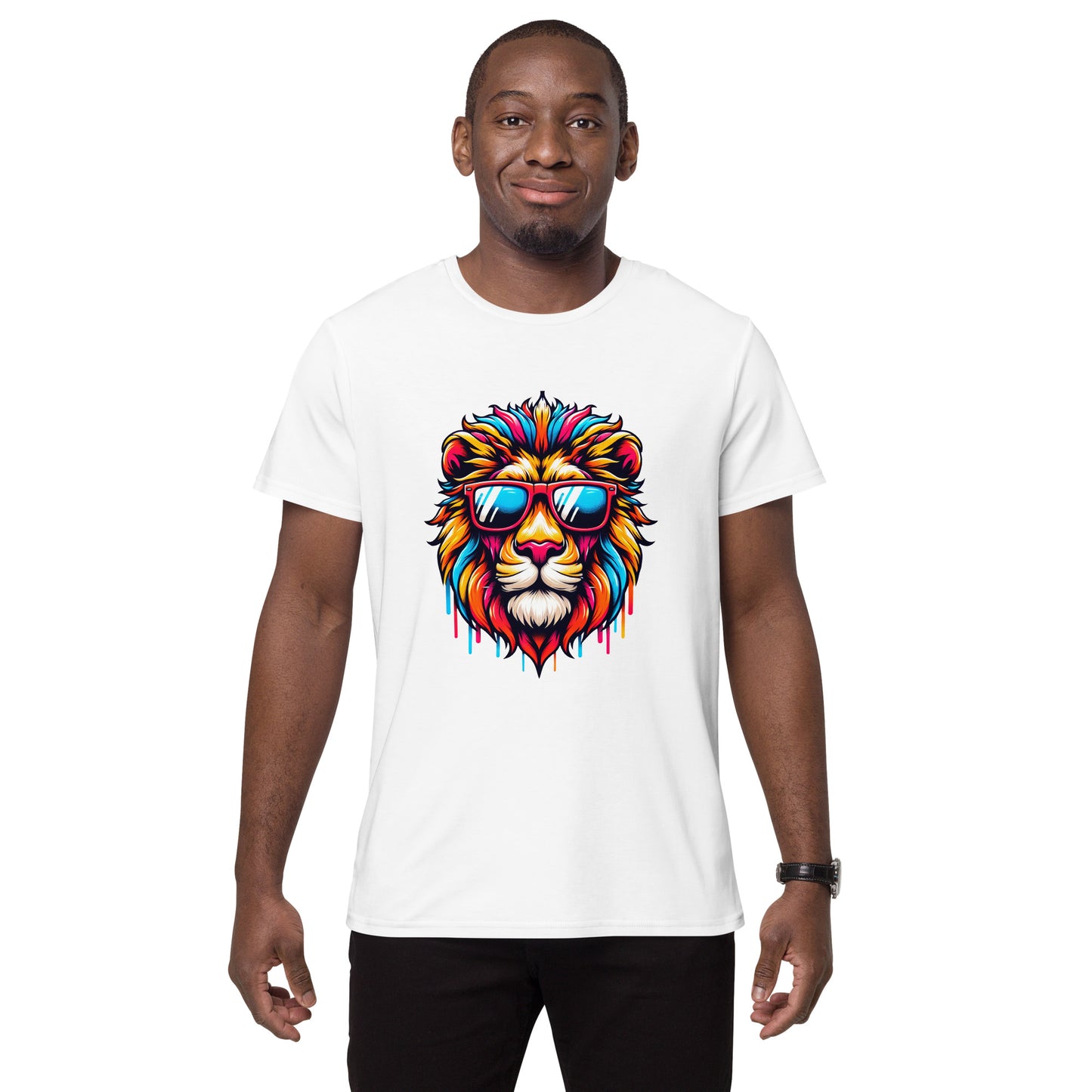 Graphic of a colourful lion with sunglasses dripping in rainbow colours on a white t-shirt.

