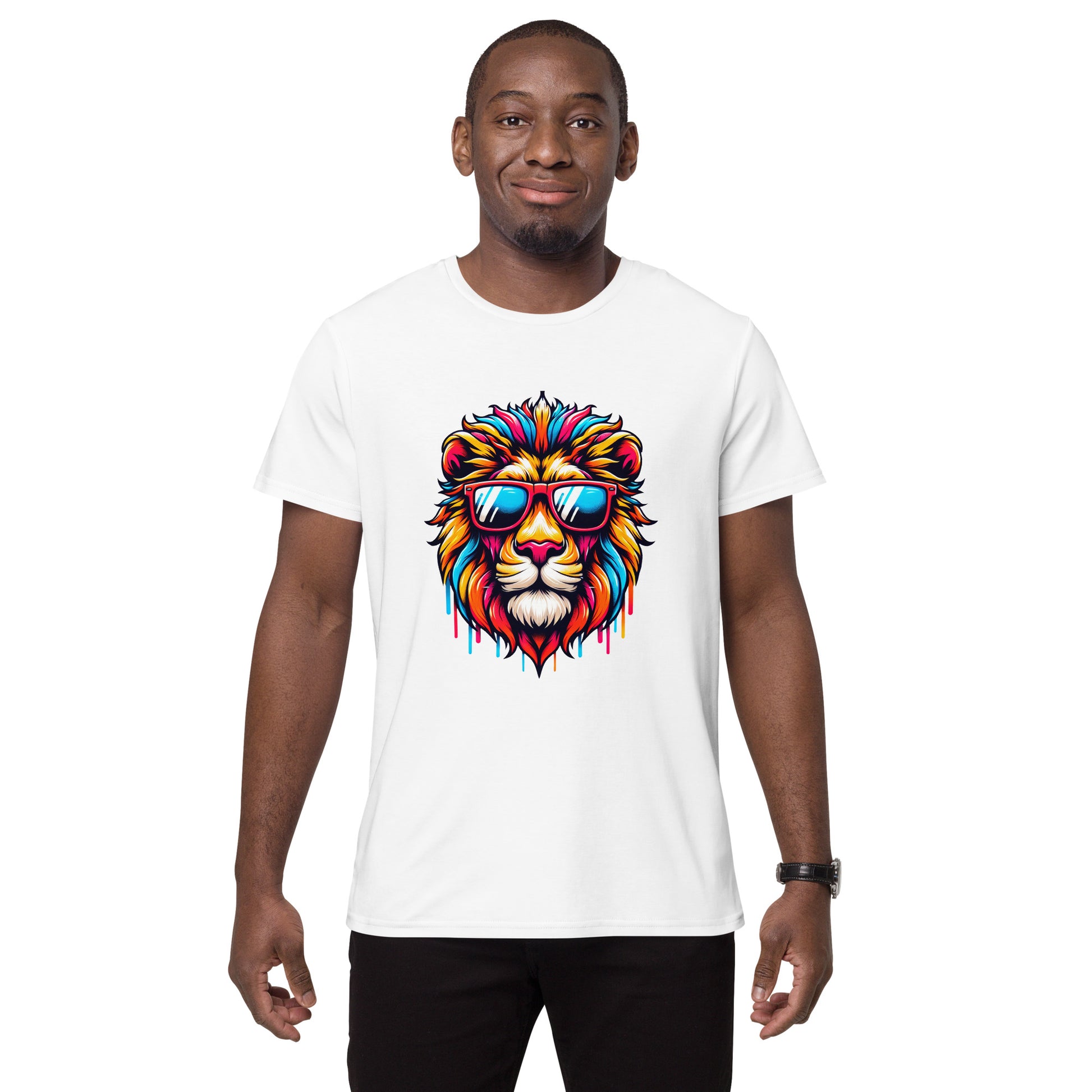Graphic of a colourful lion with sunglasses dripping in rainbow colours on a white t-shirt.

