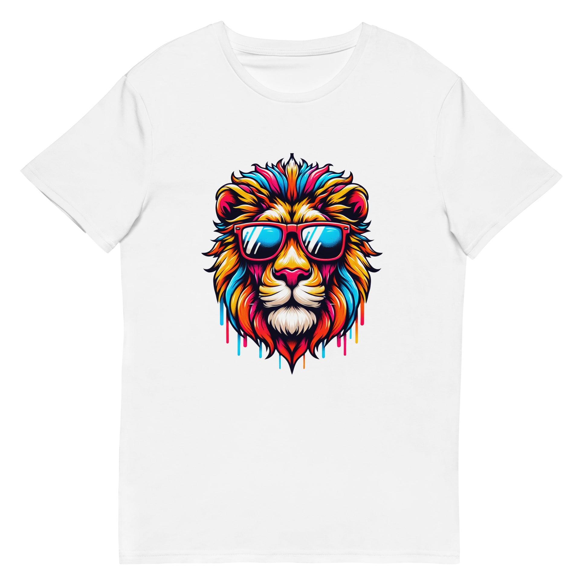 Graphic of a colourful lion with sunglasses dripping in rainbow colours on a white t-shirt.

