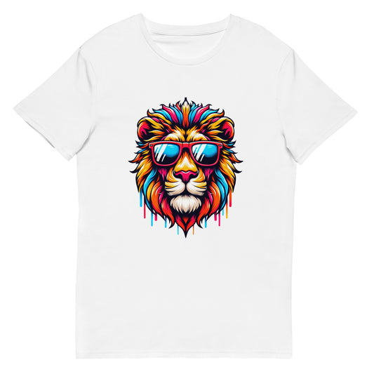 Graphic of a colourful lion with sunglasses dripping in rainbow colours on a white t-shirt.

