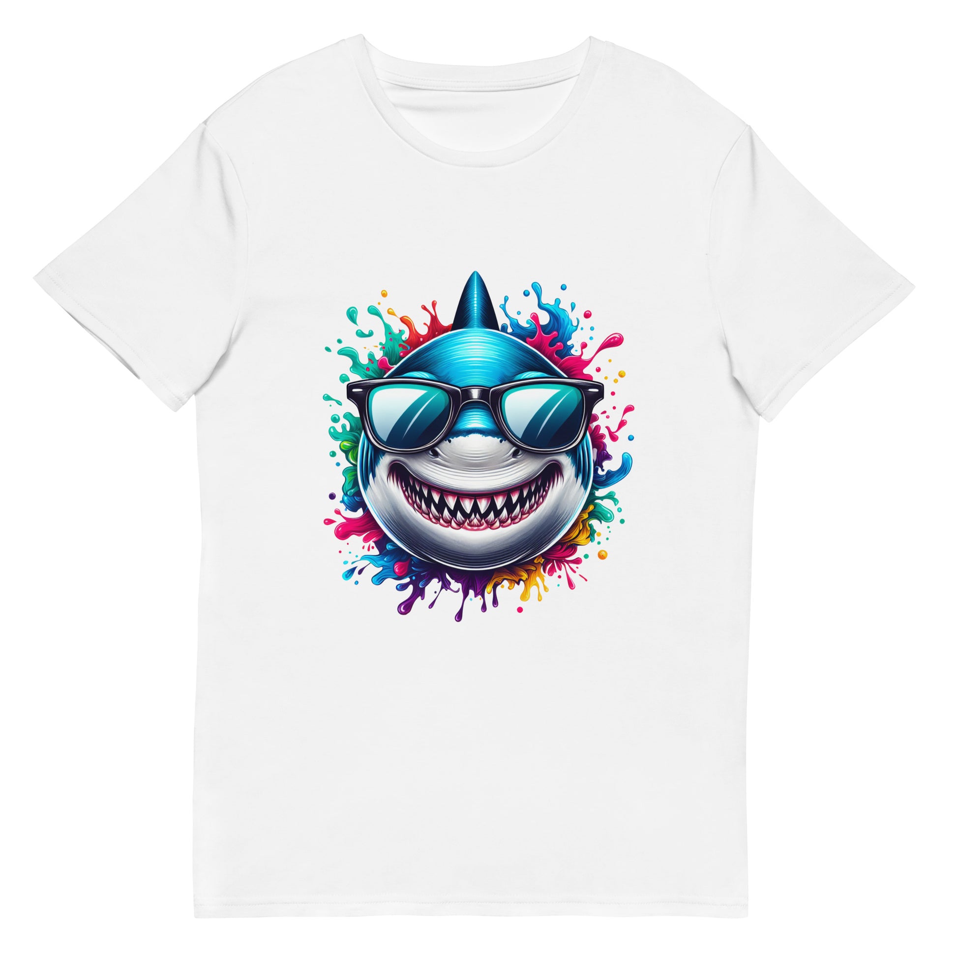 Grinning cartoon shark with sunglasses bursting through rainbow-coloured splash design on a white t-shirt.

