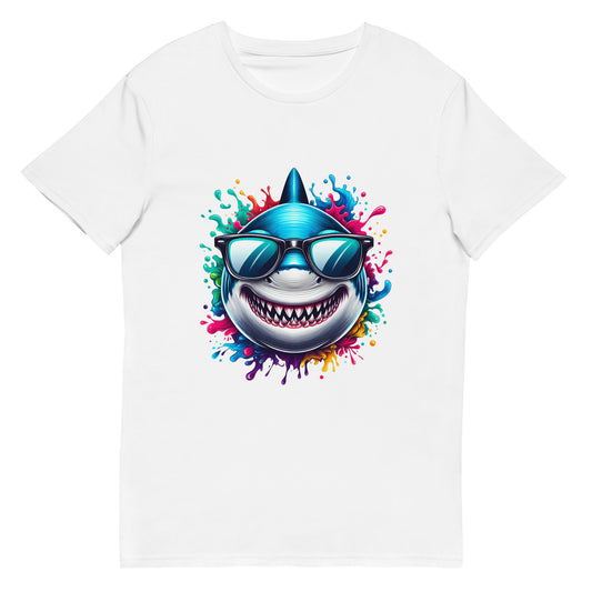Grinning cartoon shark with sunglasses bursting through rainbow-coloured splash design on a white t-shirt.

