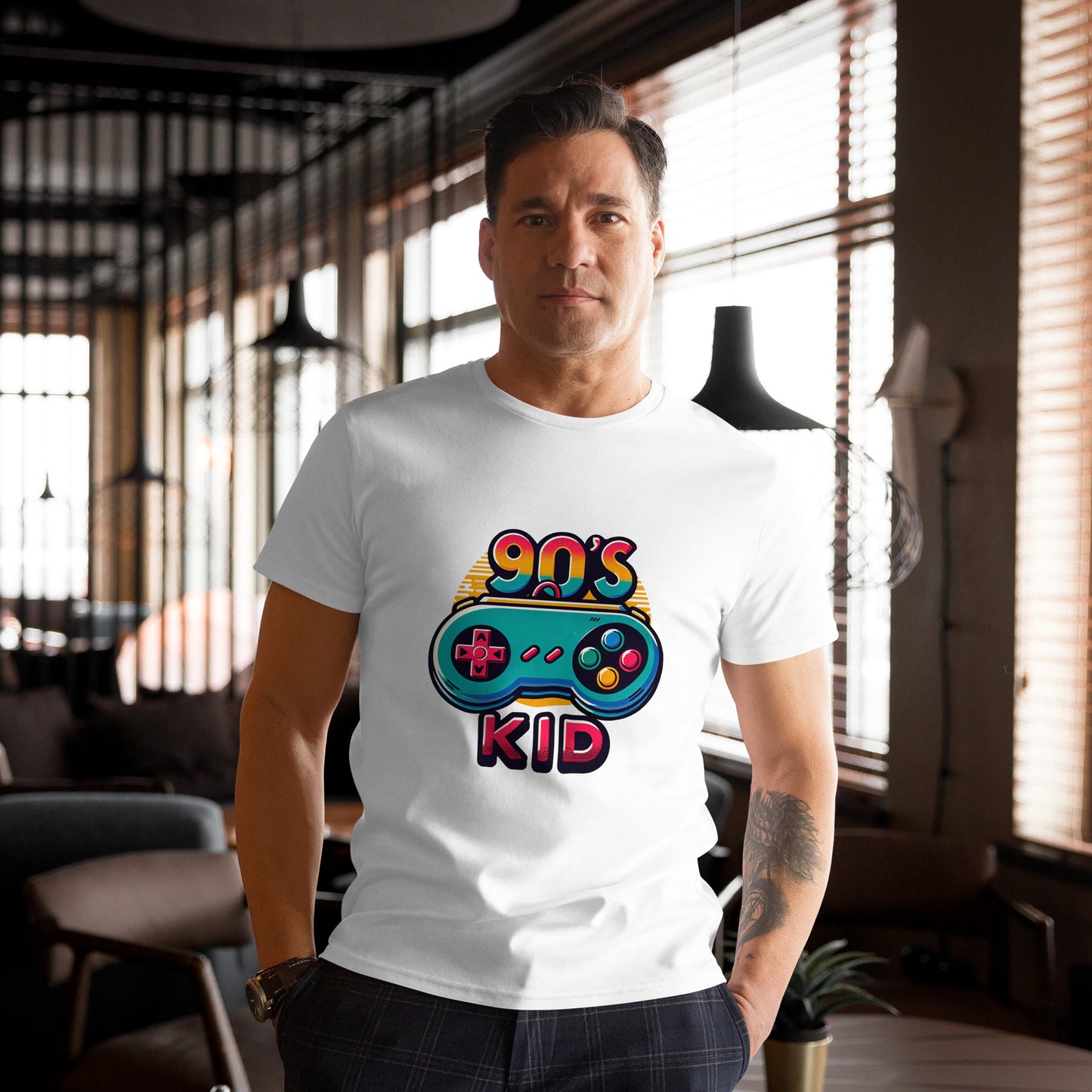 "Retro 90s game controller graphic with 90s Kid text on t-shirt"


