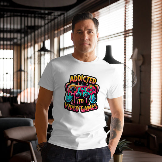 "Dripping video game controller design on Addicted to Video Games T-shirt"

