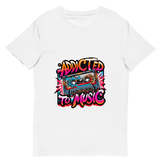 Addicted to Music retro cassette tape graphic t-shirt with bold colours and streetwear style

