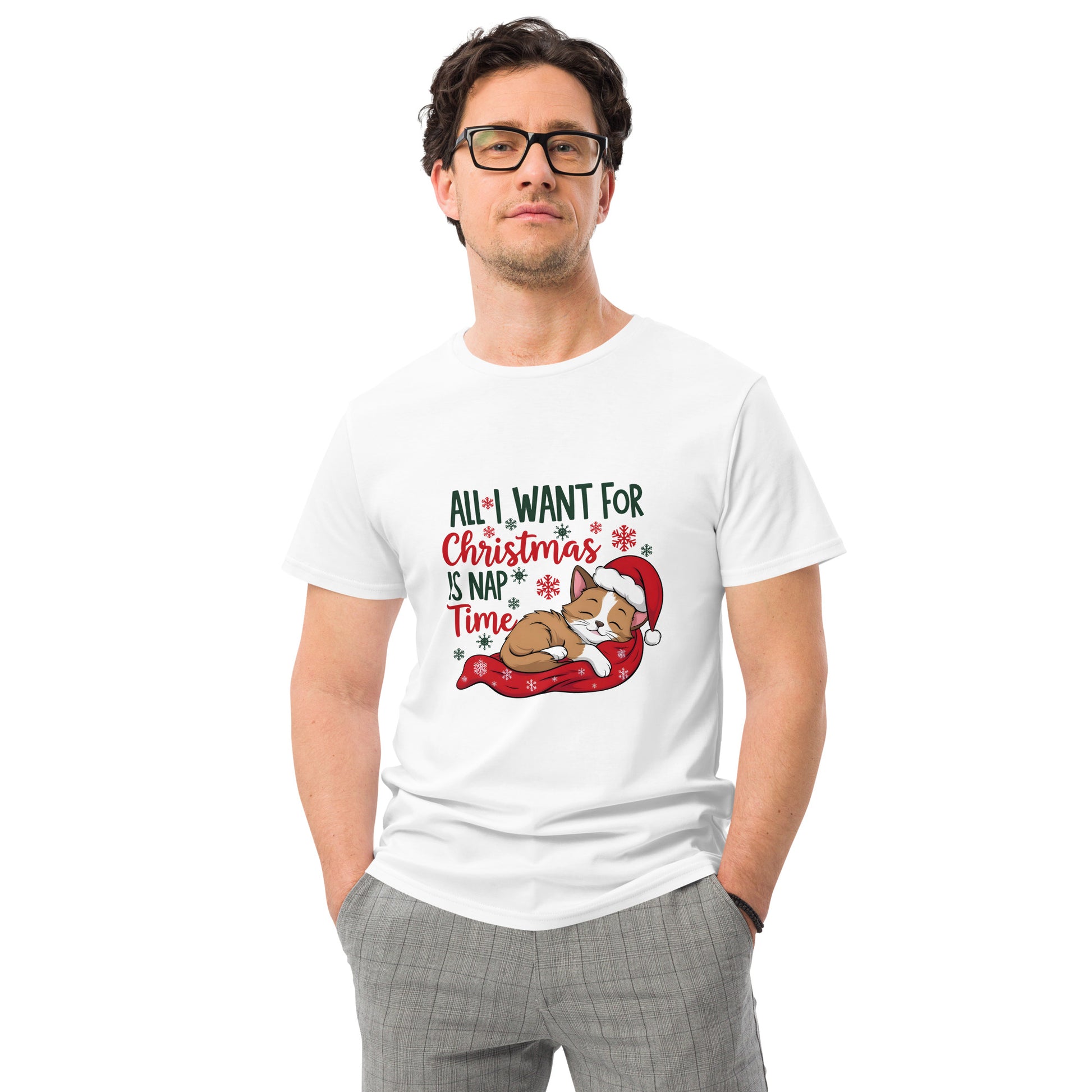 Christmas t-shirt with sleeping cat and text “All I want for Christmas is nap time”

