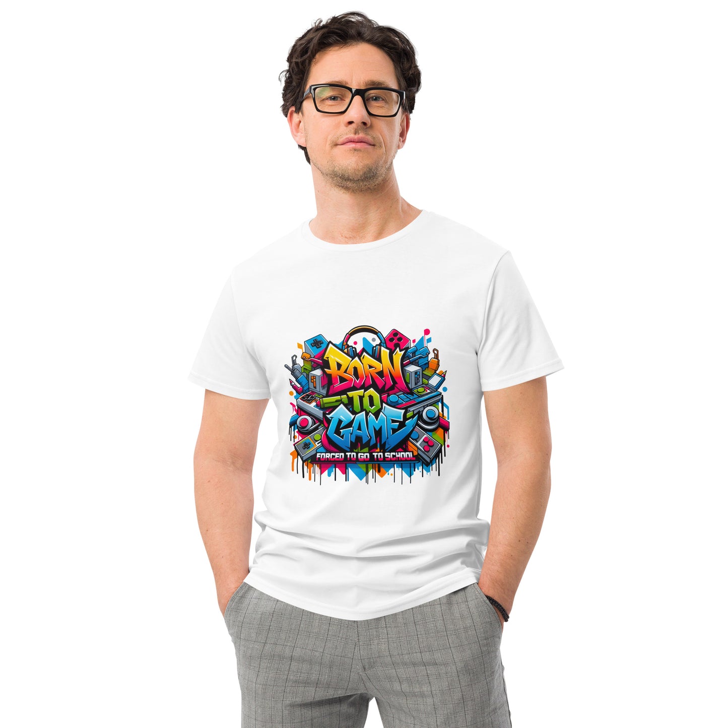 Born to Game graffiti t-shirt with colorful gaming-themed artwork, worn by male model
