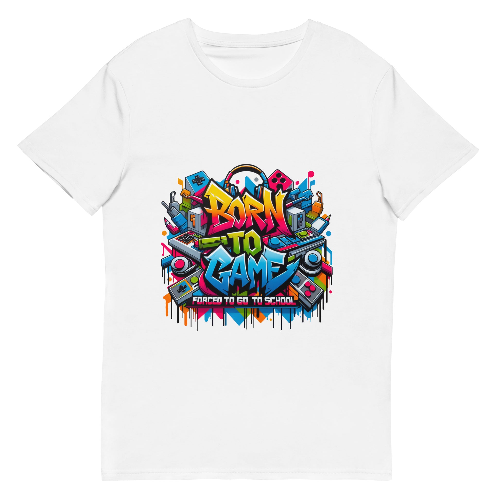Born to Game graffiti t-shirt with colourful gaming-themed artwork, worn by male model
