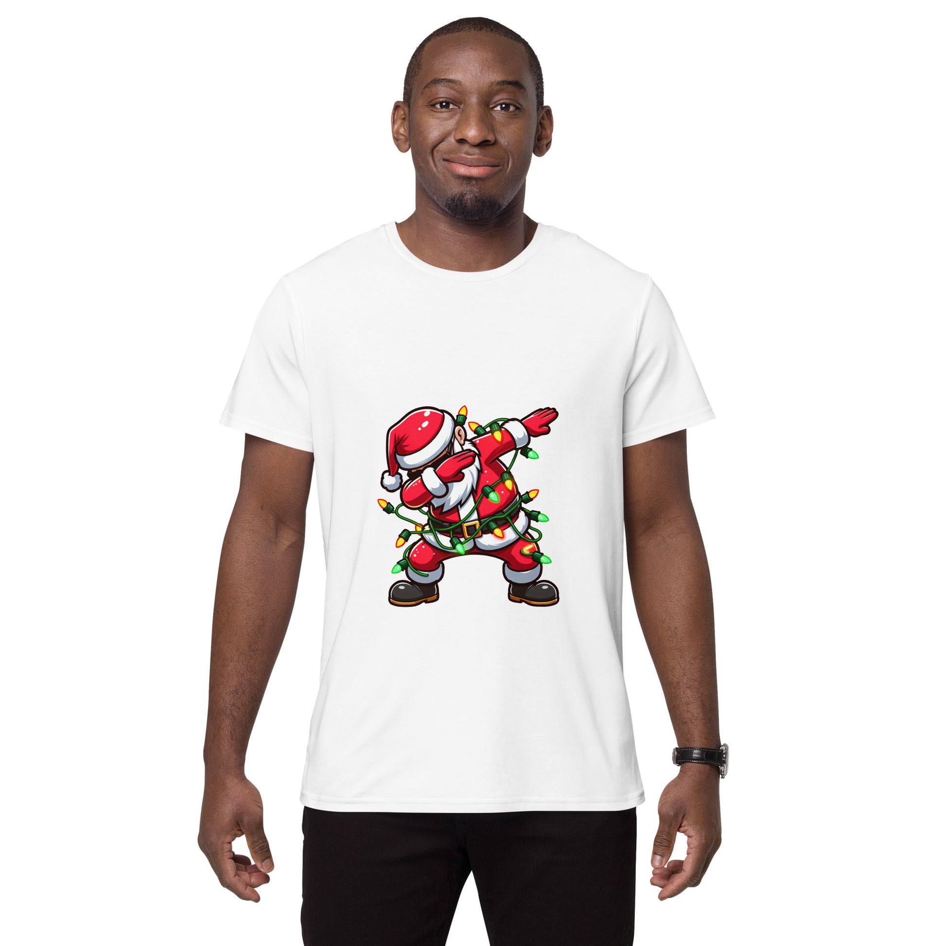Funny Christmas t-shirt with Santa Claus dabbing and wrapped in colourful fairy lights


