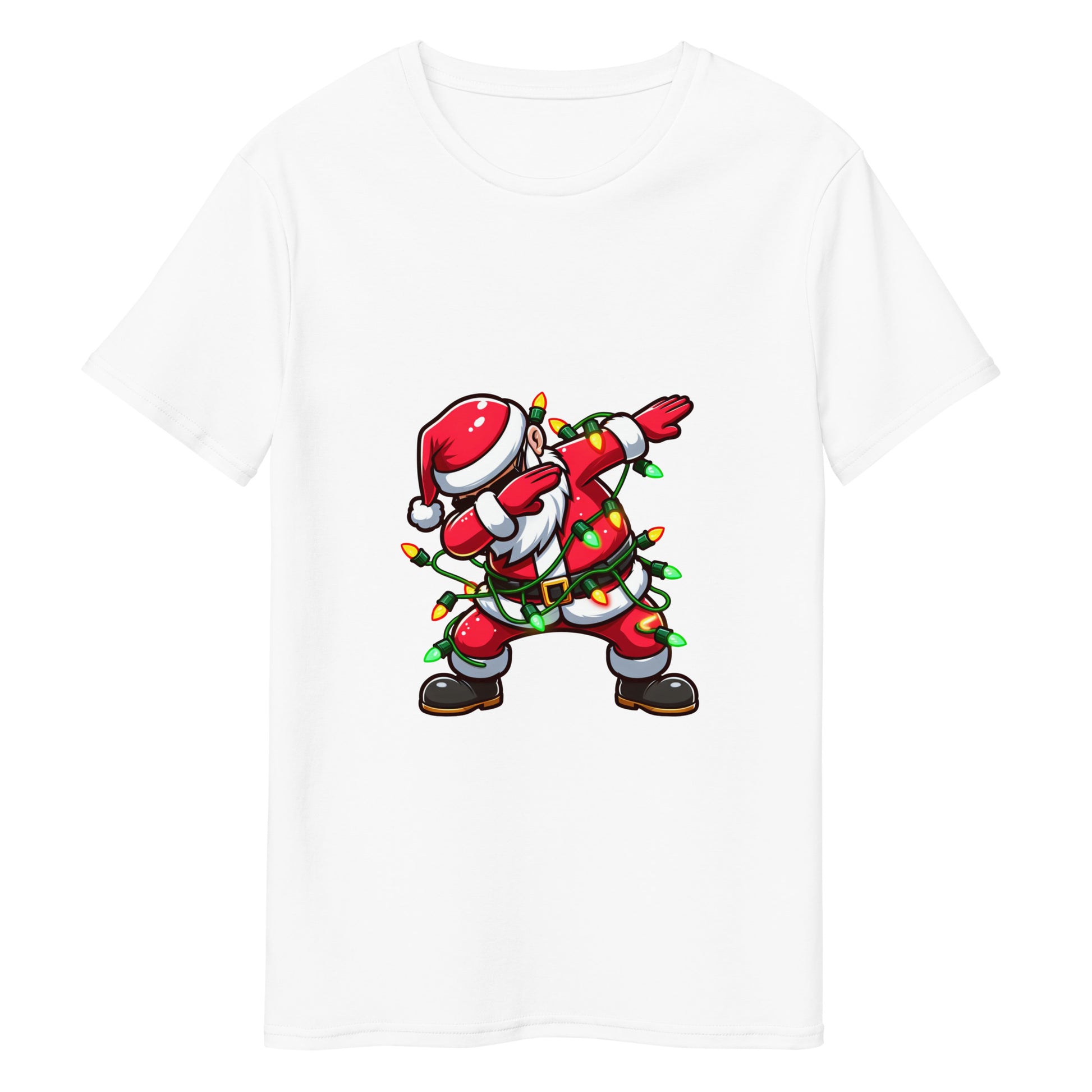 Funny Christmas t-shirt with Santa Claus dabbing and wrapped in colourful fairy lights

