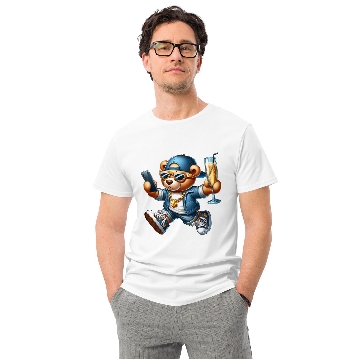 Cool bear graphic on t-shirt holding champagne and phone, wearing streetwear and shades.
