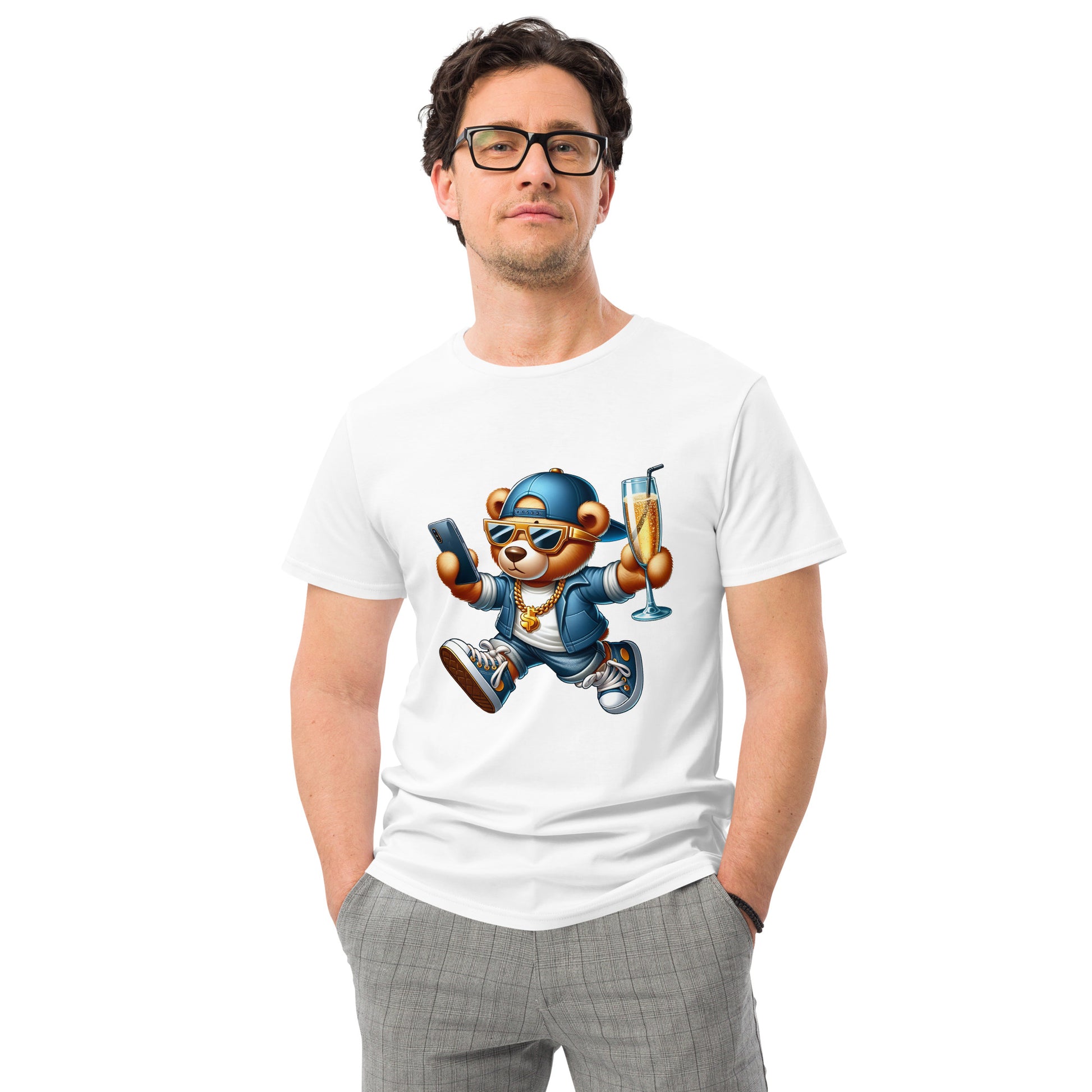 Cool bear graphic on t-shirt holding champagne and phone, wearing streetwear and shades.
