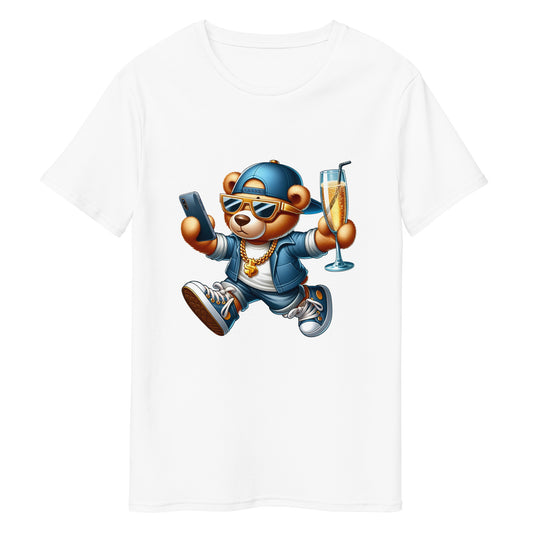 Cool bear graphic on t-shirt holding champagne and phone, wearing streetwear and shades.
