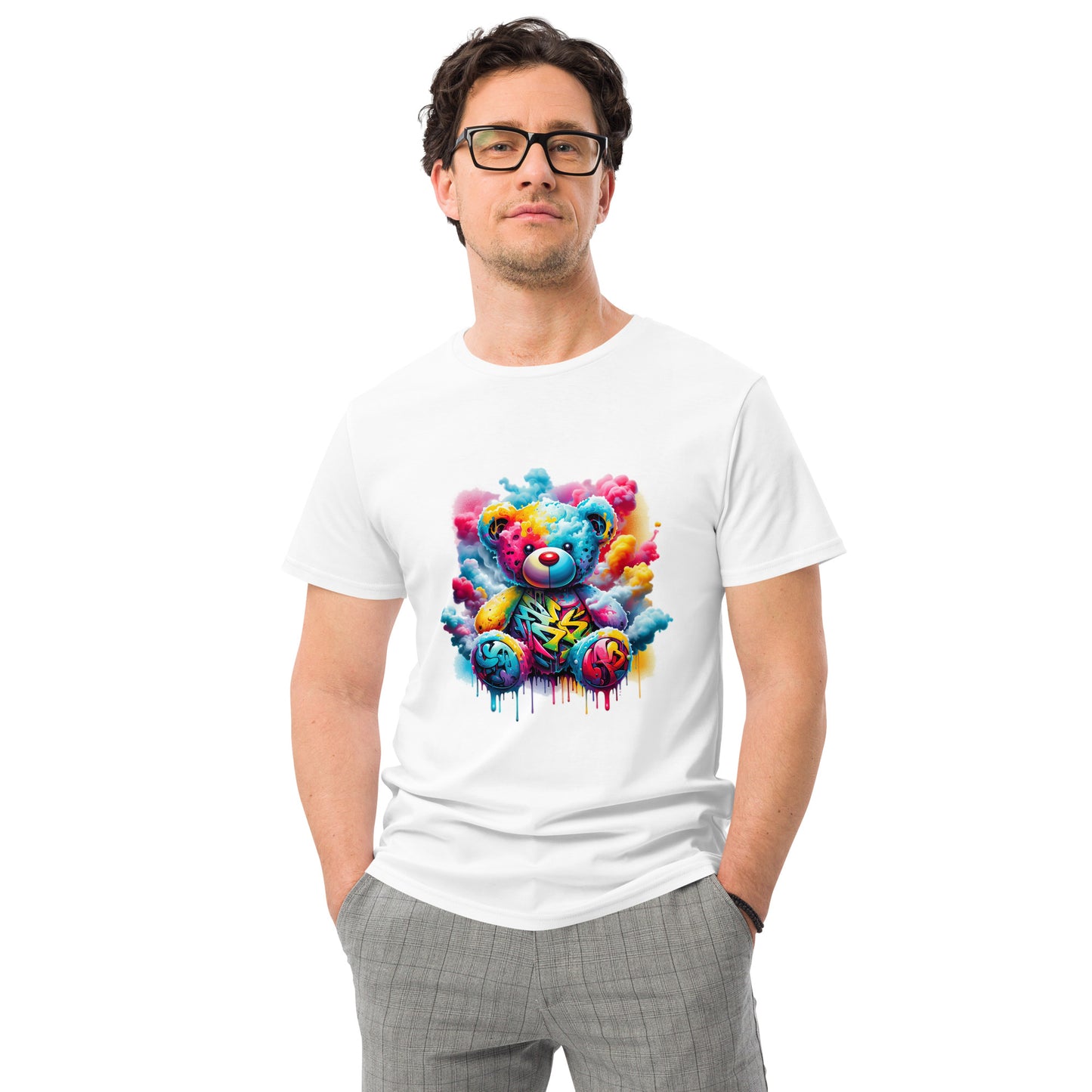 Graffiti teddy bear t-shirt for men and women in vibrant streetwear style.
