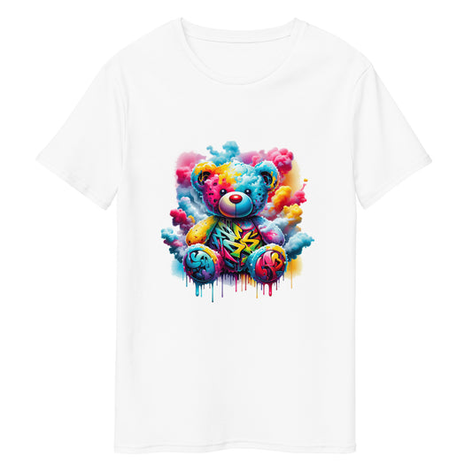 Graffiti teddy bear t-shirt for men and women in vibrant streetwear style.
