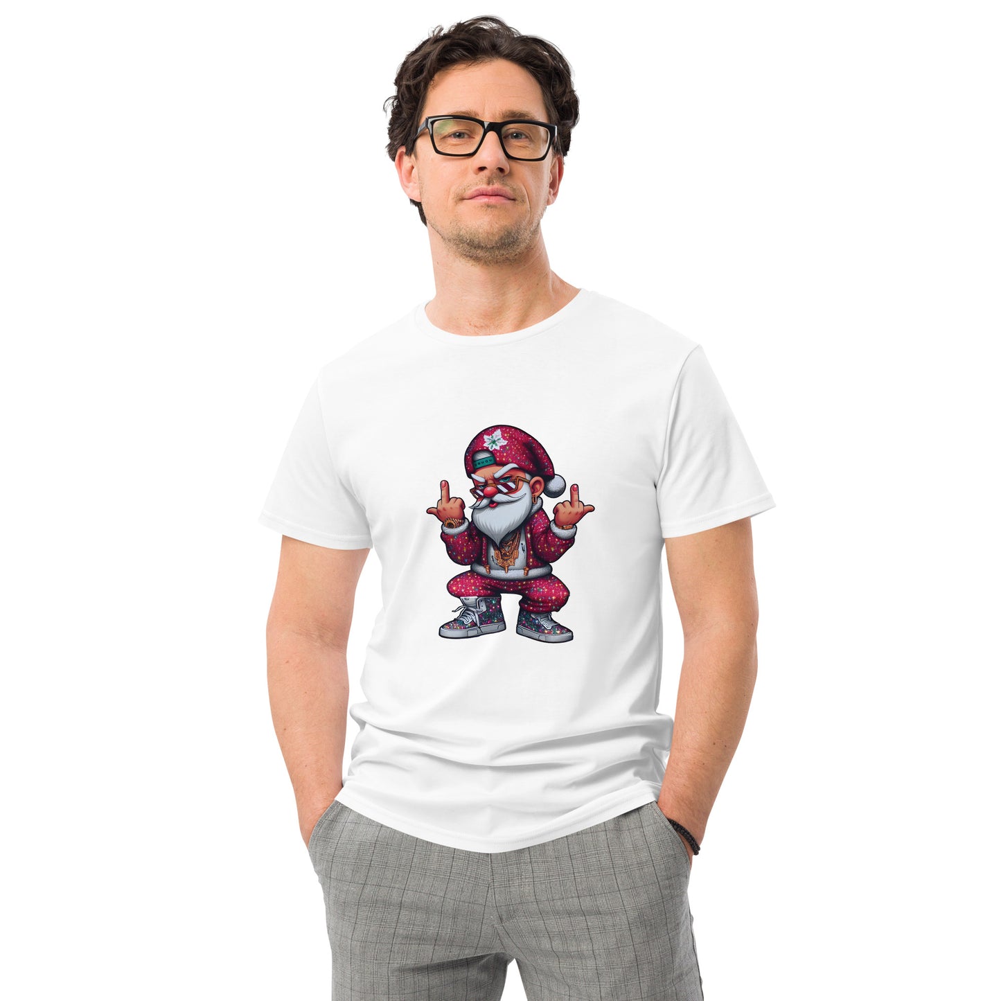 Cool gangster Santa Claus in streetwear with gold chains and sneakers, flipping the bird – bold Christmas graphic design.

