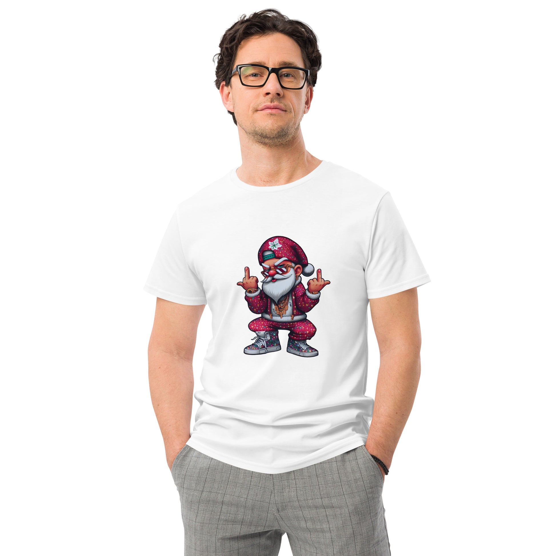 Cool gangster Santa Claus in streetwear with gold chains and sneakers, flipping the bird – bold Christmas graphic design.

