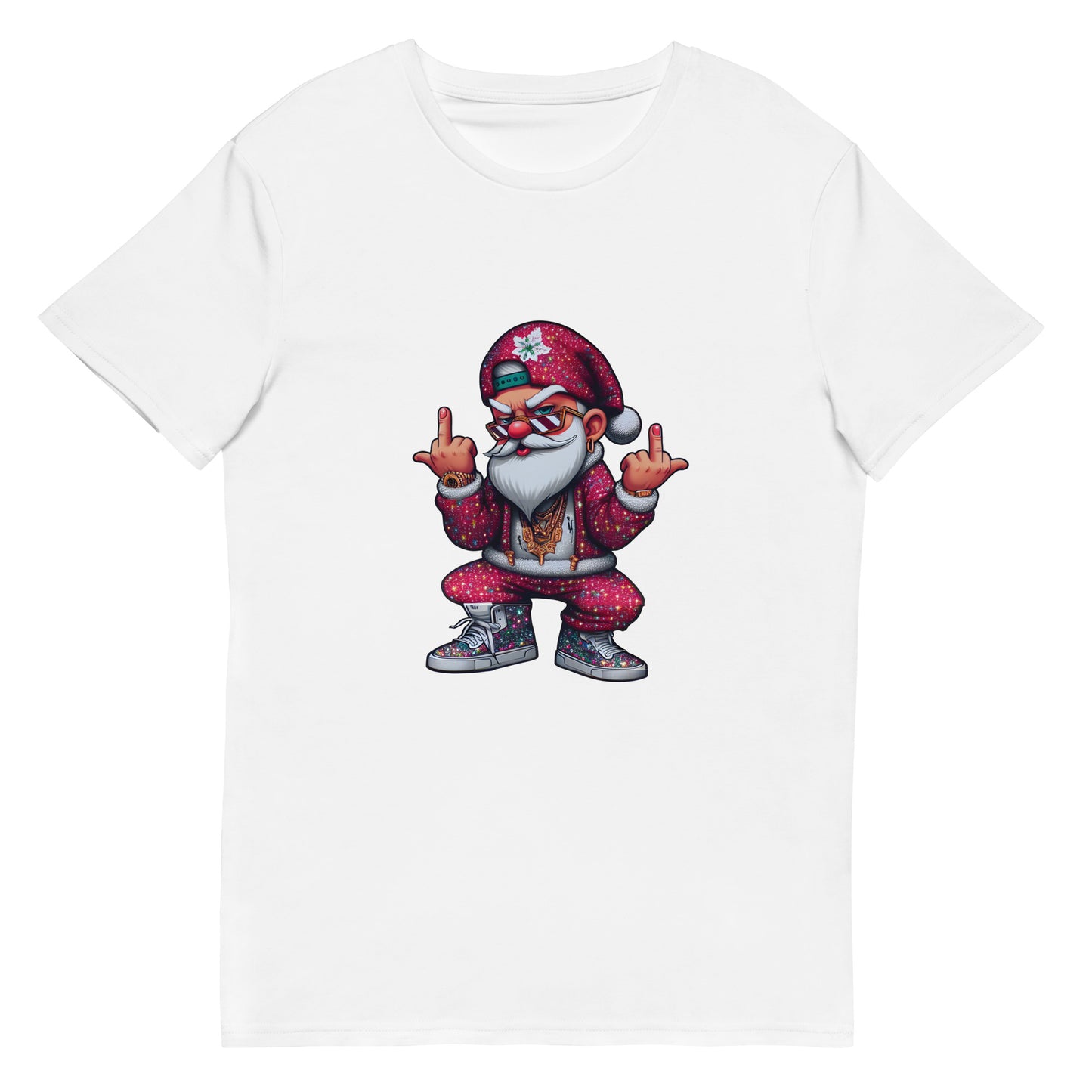 Cool gangster Santa Claus in streetwear with gold chains and sneakers, flipping the bird – bold Christmas graphic design.

