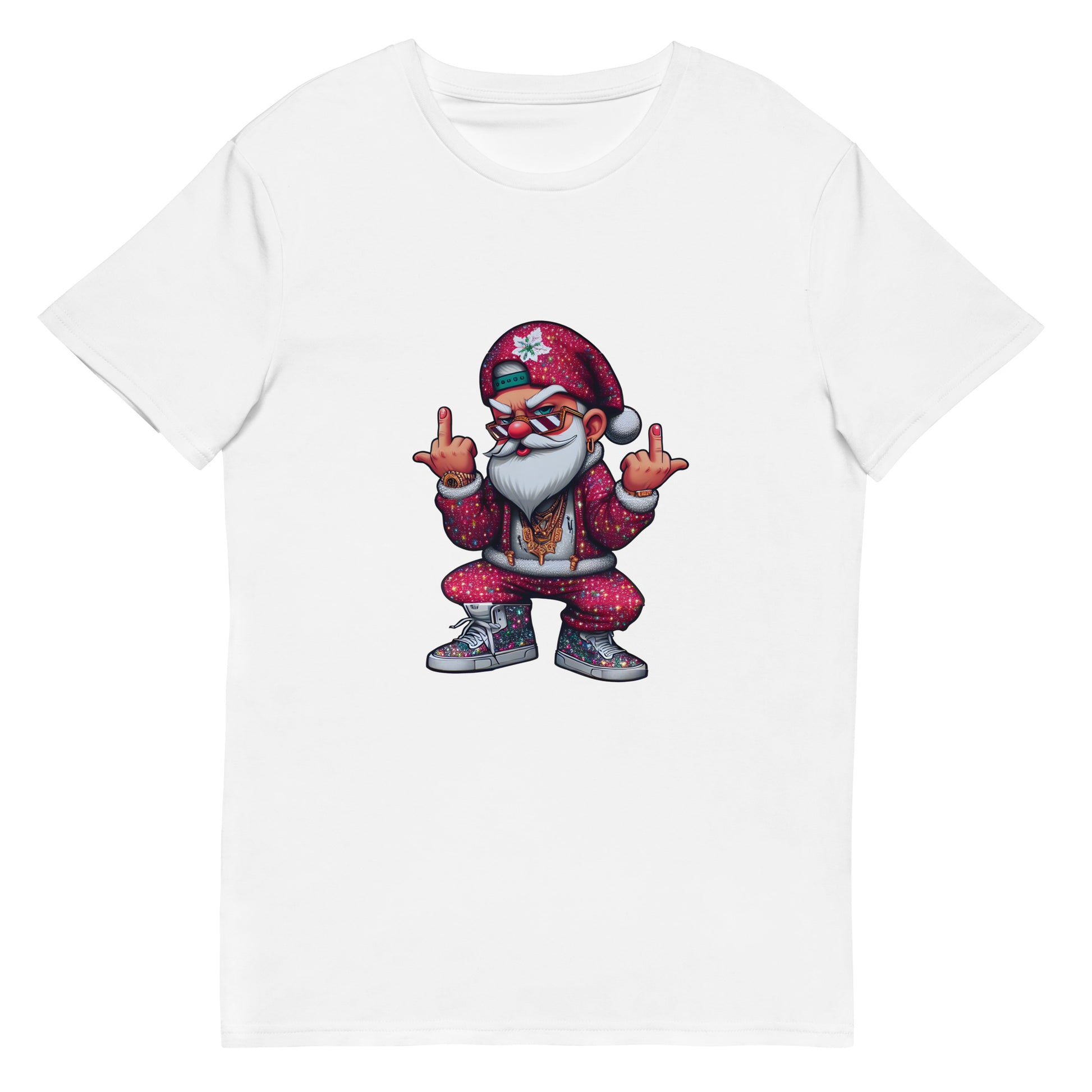 Cool gangster Santa Claus in streetwear with gold chains and sneakers, flipping the bird – bold Christmas graphic design.

